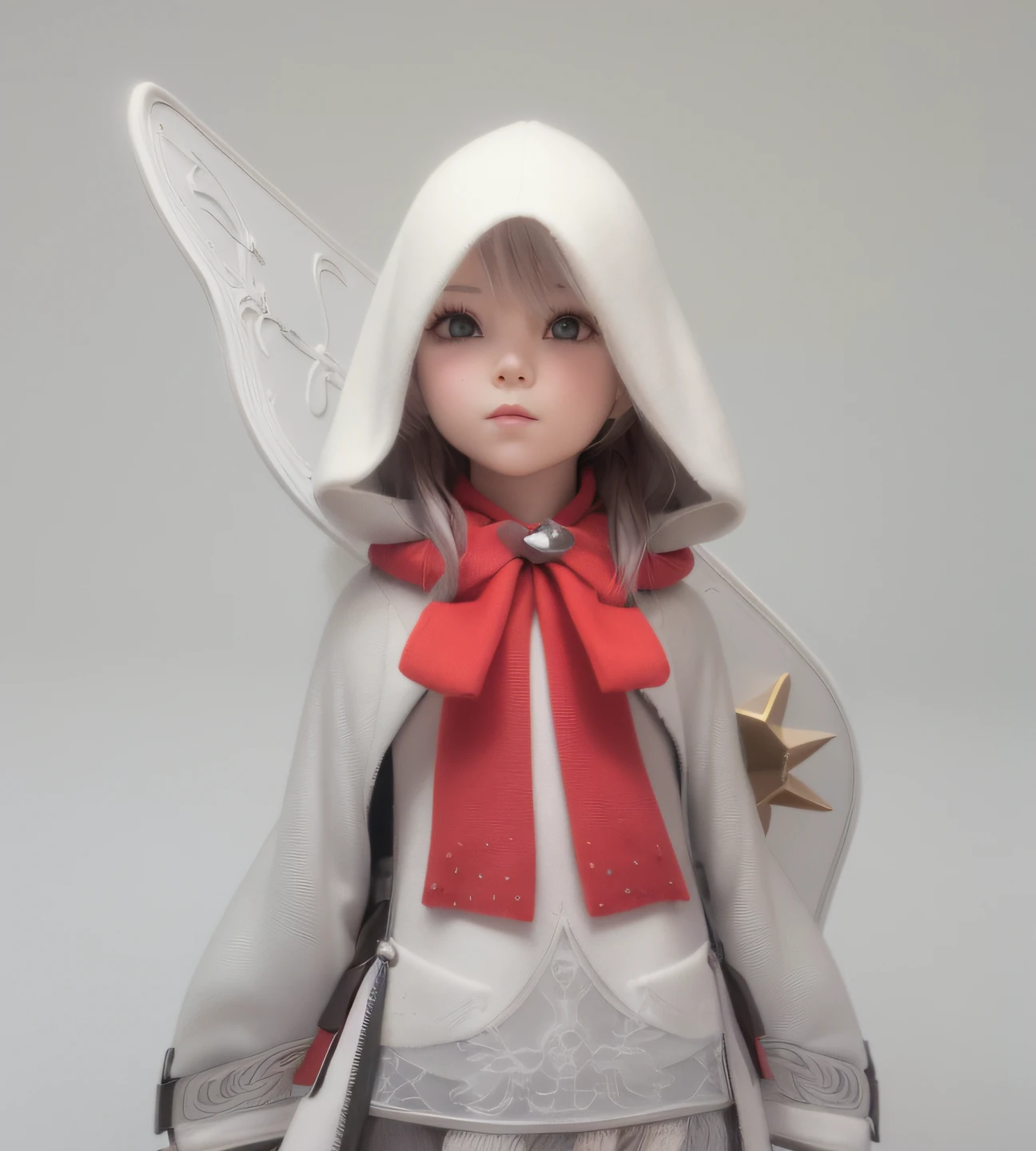 Ultra realistic, raw photo, SLR, small doll with knitted white hood and pink scarf, super detailed fantasy character, highly detailed character, cute 3d anime girl render, close-up character, 3d rendering character art 8 K, 3d rendering stylization, cute 3d rendering, cute character, Anime-style 3D, high-resolution iconic characters, 3D character art, gray background