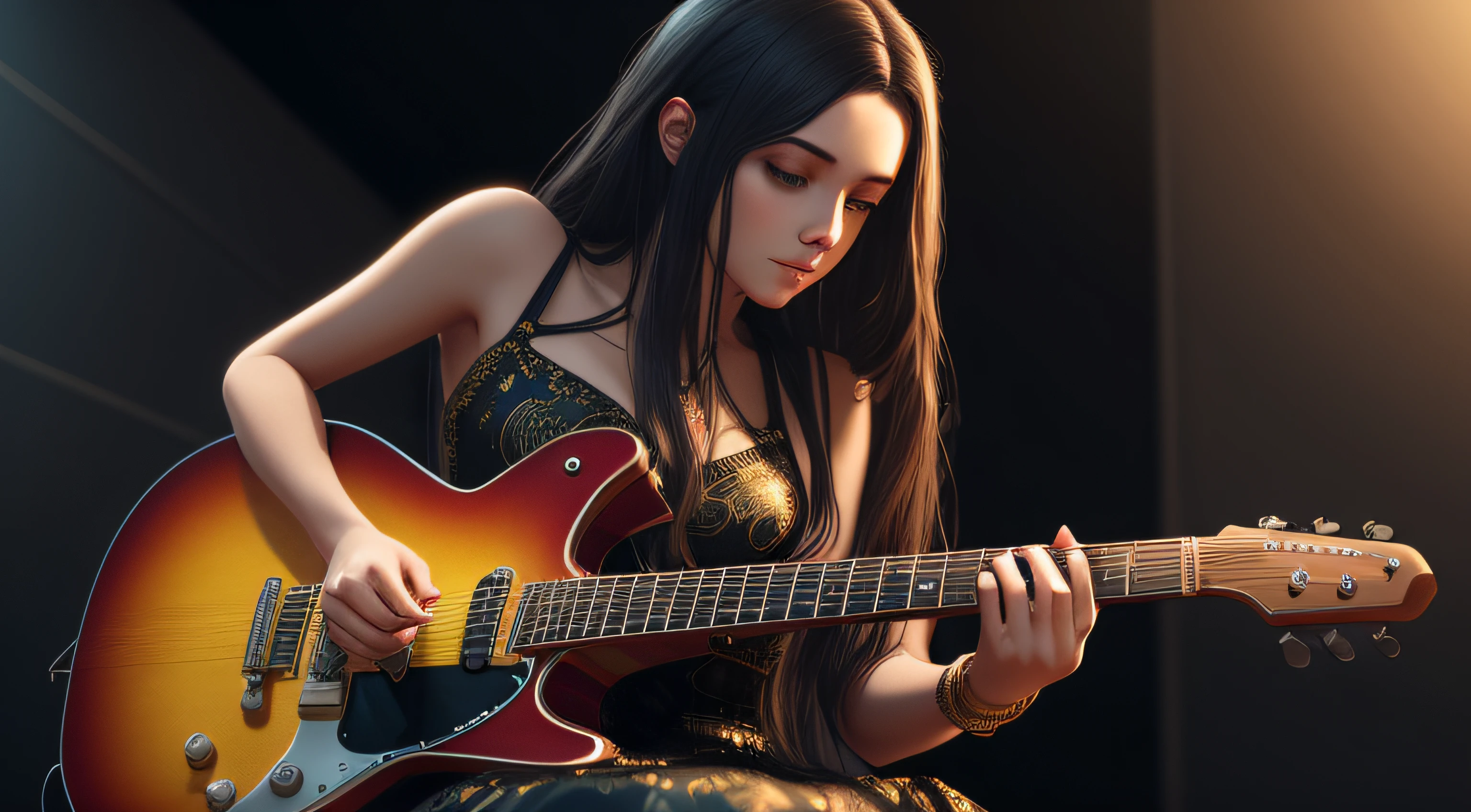 A detailed portrait of a female guitarist's long hair, wearing a long dark dress with golden details, paint splash, in the style of gothic metal, dark gothic colors, realistic art, watercolor effect in the background, perfect detailed hands, bokeh, Adobe Illustrator, hand-drawn, digital painting, low-poly, isometric style, retro aesthetic, focused on the character, 4K resolution, photorealistic rendering, using Cinema 4D --auto