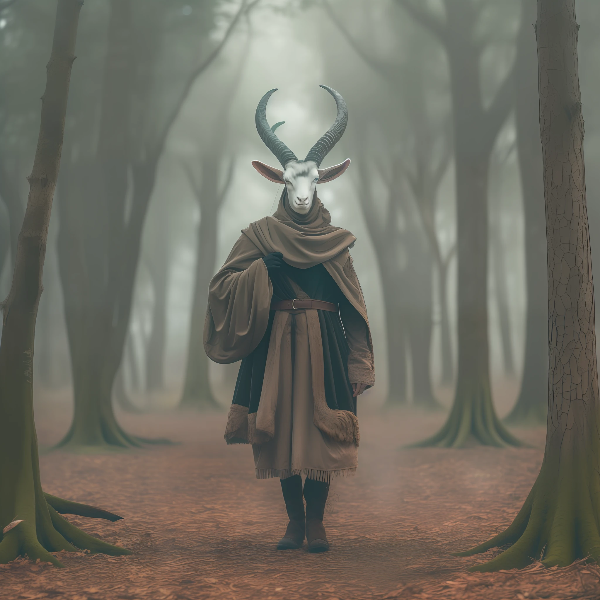 a forest creature with goat horns, in the woods, wide shot, long shot, form the distance, creepy foggy context, Baphomet