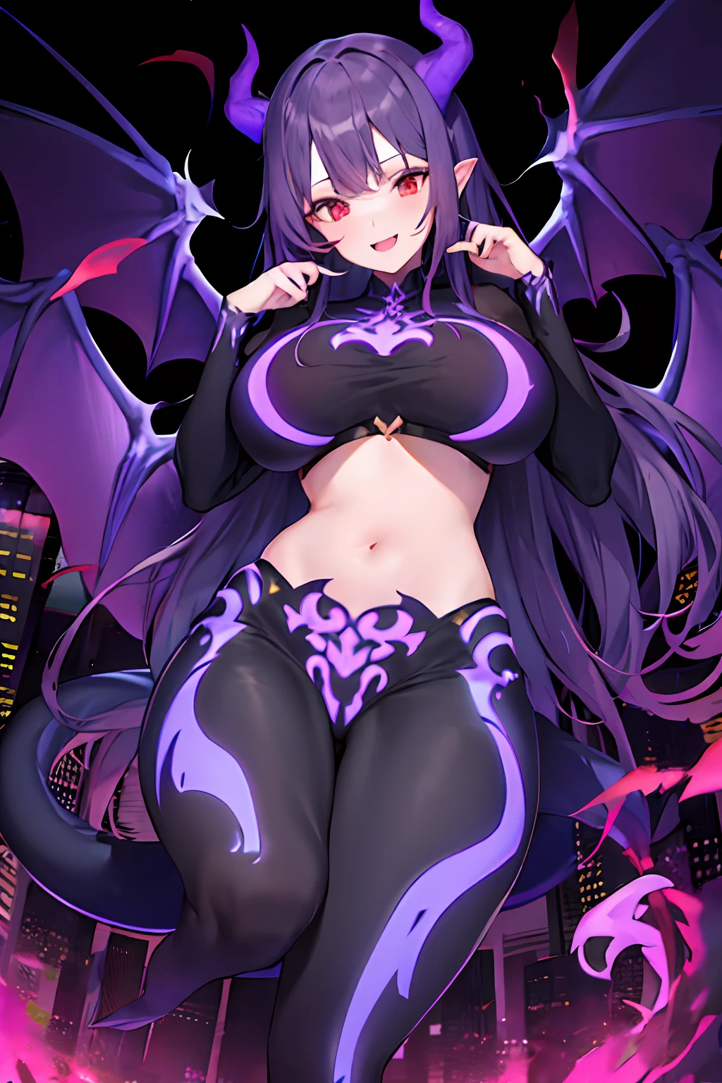 blacklight, 1girl, black background,dragon,knight,GtsGiga,Rampage,dragon horns,purple hair,red eyes,regal,proud,dragon wings,dragon tail,cityscape,mature,big boobs,kaiju
