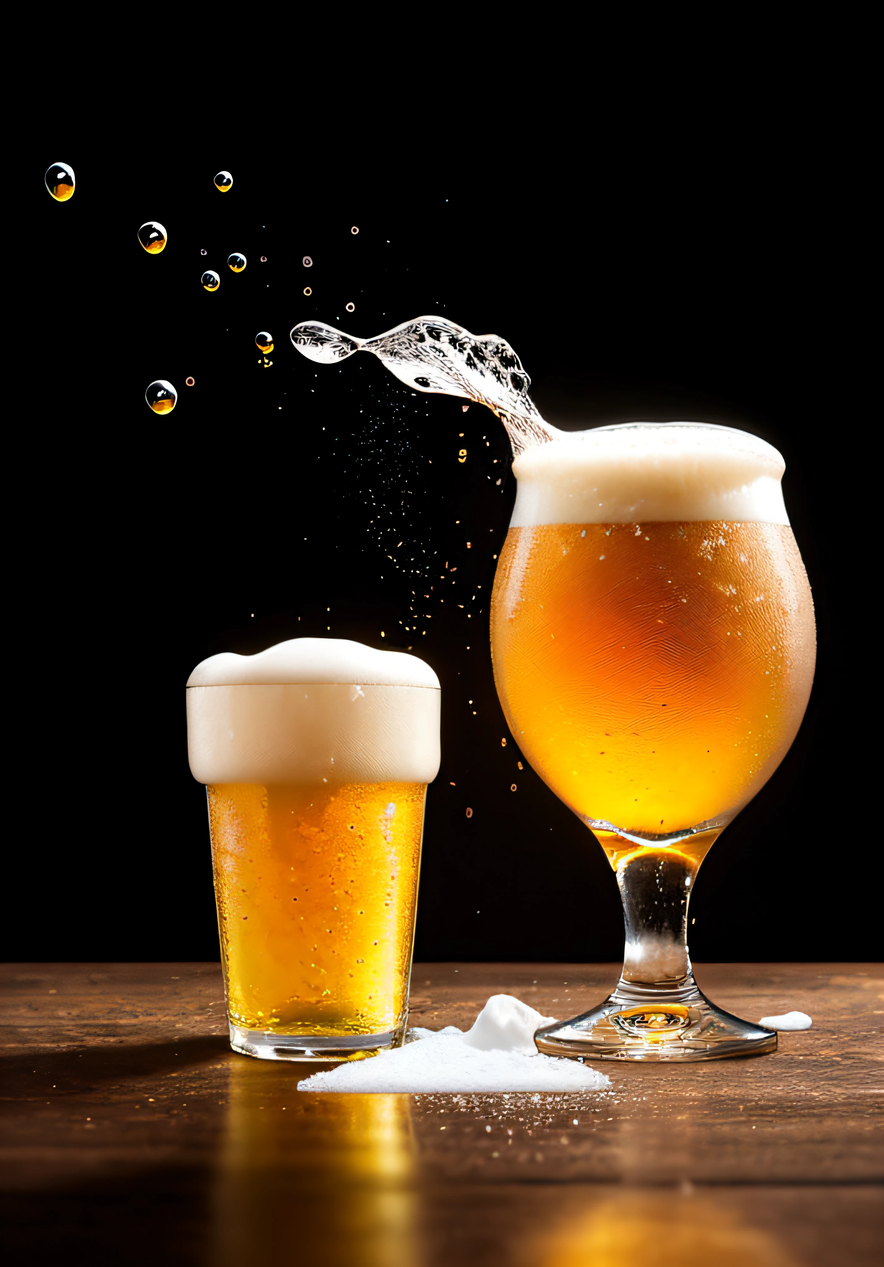A glass pouring beer, foaming, lots of white foam, foam explosion, drops explosion, cold beer, glass with bubbles due to cold, glass only, yellow beer, white background, suspended in the air, high brightness, wet watermarks, excessive detail, surrealism, soft light, studio lighting, diffuse soft light, shallow depth of field, sharp focus