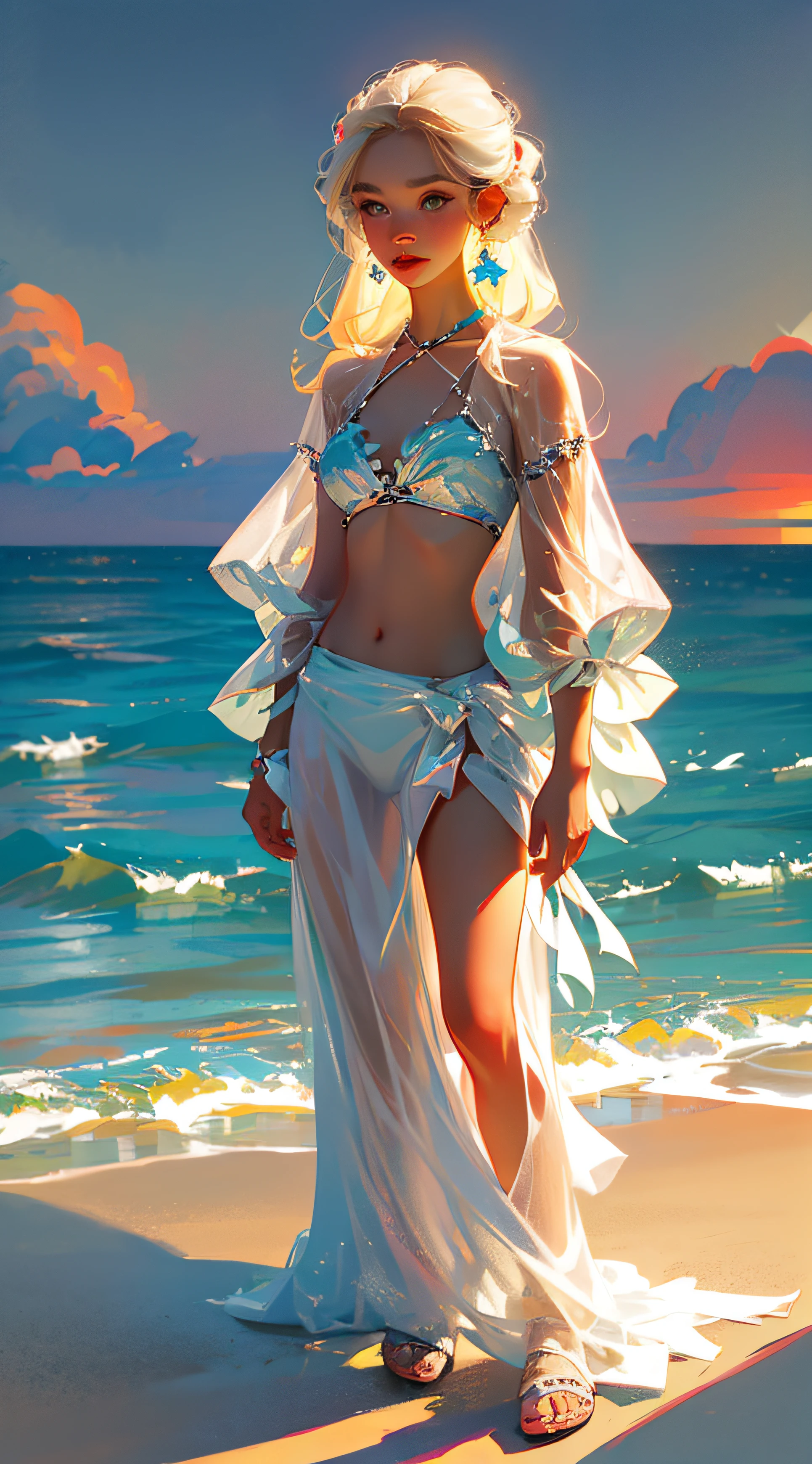Masterpiece, realistic, high quality, Brazilian girl, blonde hair, white bikini, beach, sunset on the sea.