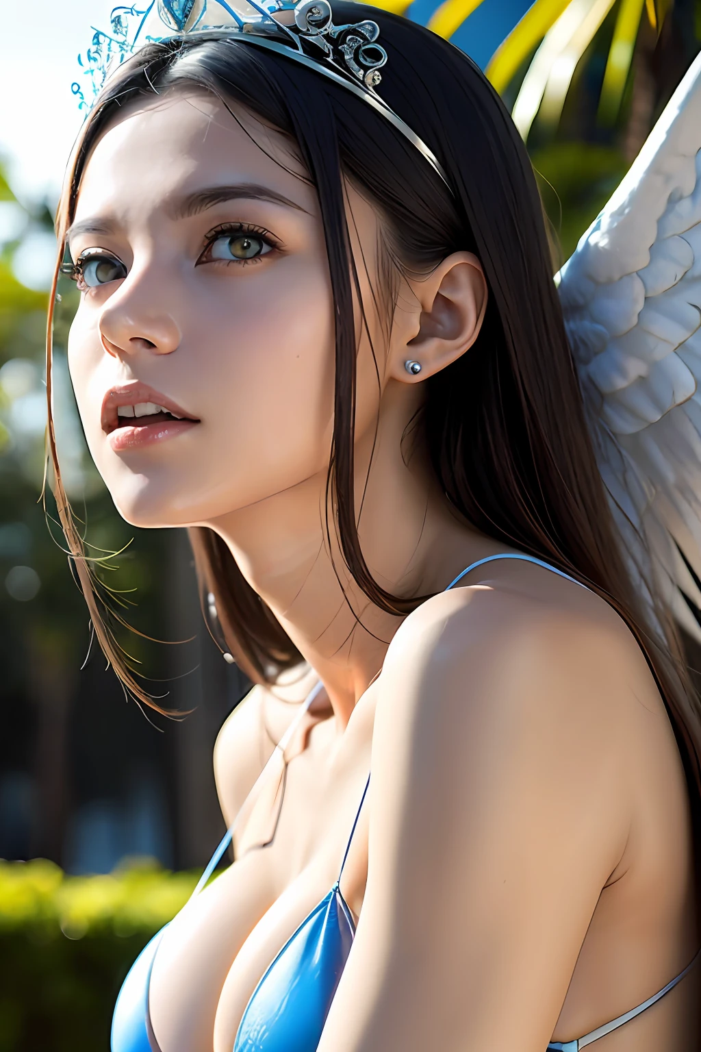 Ultra-detailed complex 3D rendering of the face, (Colossal: 8.8), (masterpiece, highest quality, octane rendering, 8K), glamour shot full body image, cleavage, (very detailed skin: 1.2), (exposure: 1.1), (blonde))), (minuscule white micro bikini: 1.5)), beautiful Caucasian woman with full soft breasts and white skin, one, long braided hair, with big buttocks, Big breasts, dynamic angle, mystical expression, ultra-realistic photo, (((((portrait)))), bare feet, futuristic city background, facial muscles, detailed and beautiful queen tiara, in the style of Marvel Comics, clear focus, studio photography, intricate detail, highly detailed, detailed yellow eyes, sharp focus, digital rendering, professional, abs, (( (sexy pose))), natural jungle, lightly opening mouth, mansuji, crotch opening, seductive look, angel ring, detailed angel wings,