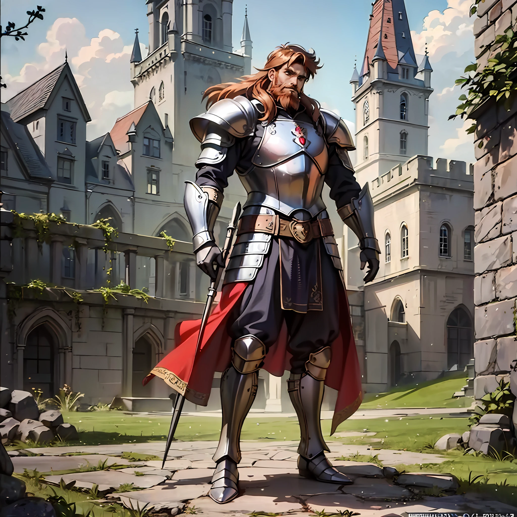 Retro Artstyle, 1990 (style), 1 men, castle,Full body, Nordic armor, 4k, bearded, Dark fantasy, realistic