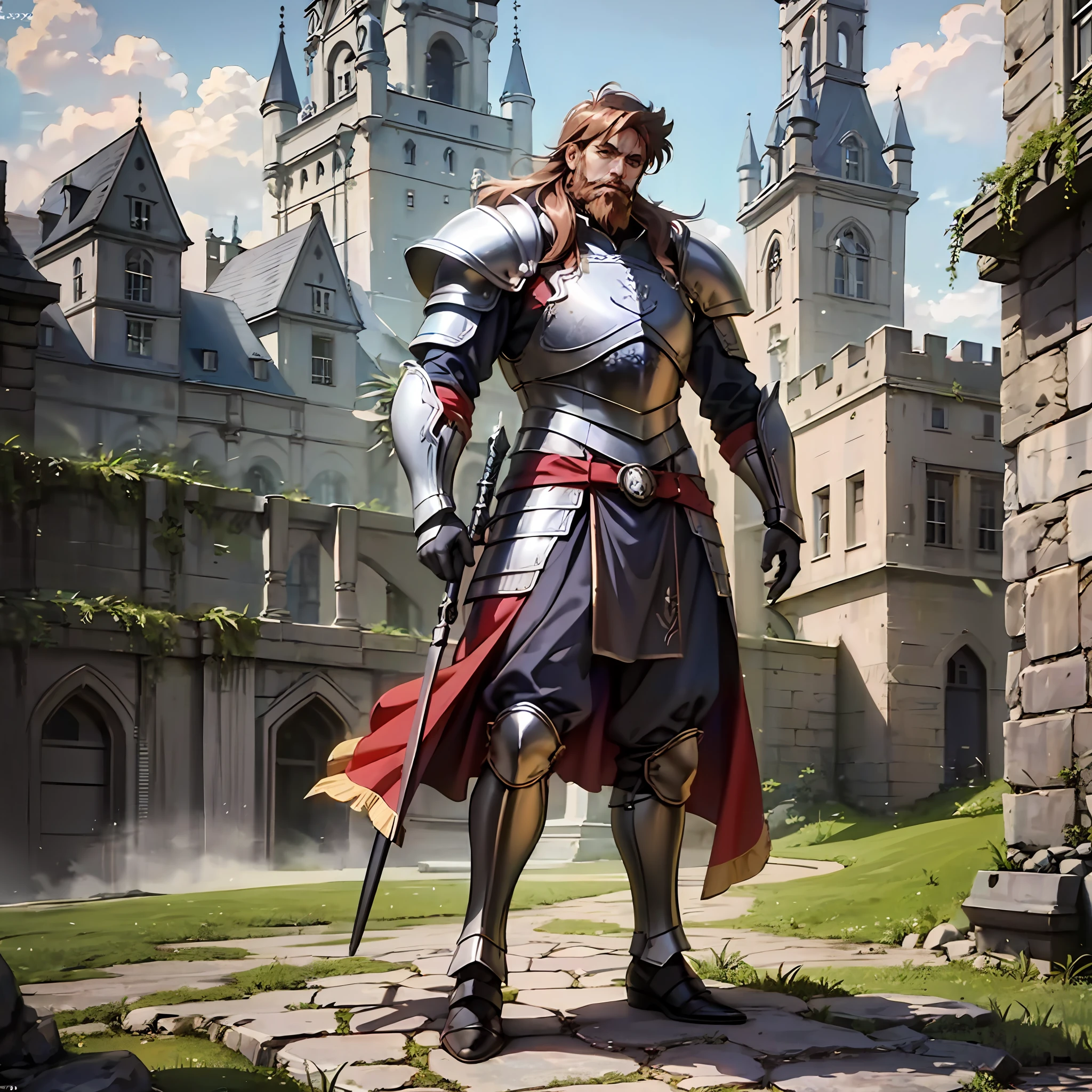 Retro Artstyle, 1990 (style), 1 men, castle,Full body, Nordic armor, 4k, bearded, Dark fantasy, realistic