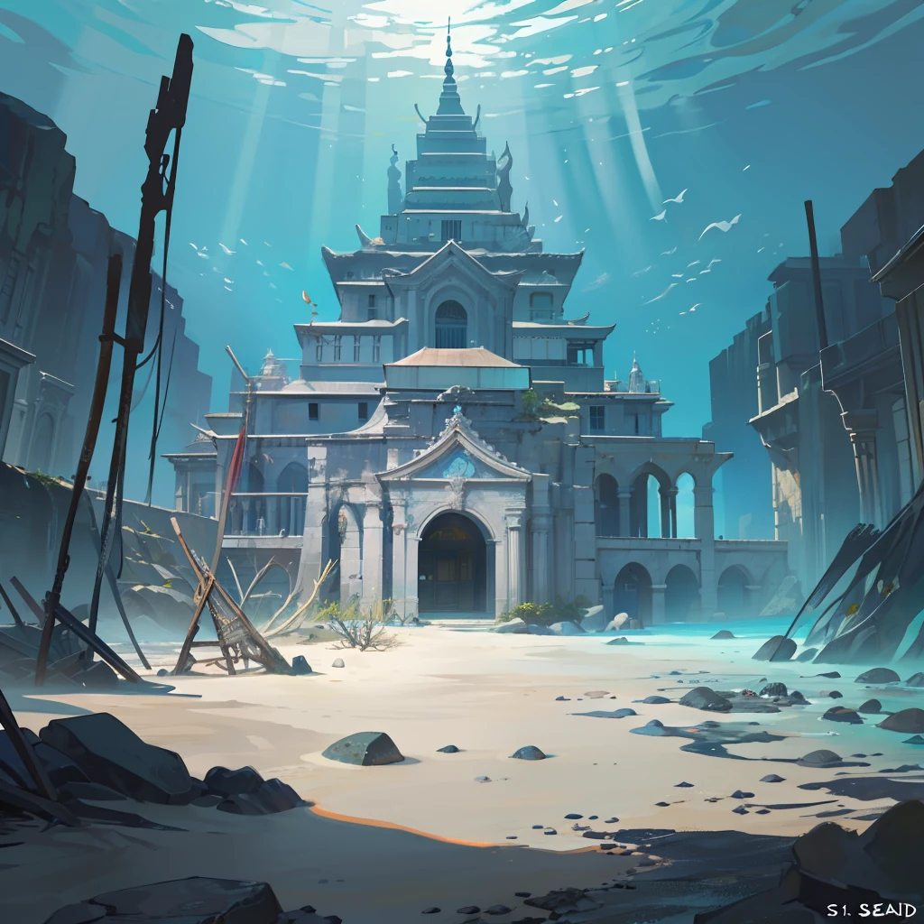 large underwater structure, ancient temple embedded into rock and sand, constructed from ancient stone, weathered by the currents of time and encrusted with barnacles and coral.
, sandy seabed. sandy floor. (Masterpiece: 1.2) (Best quality: 1.3)