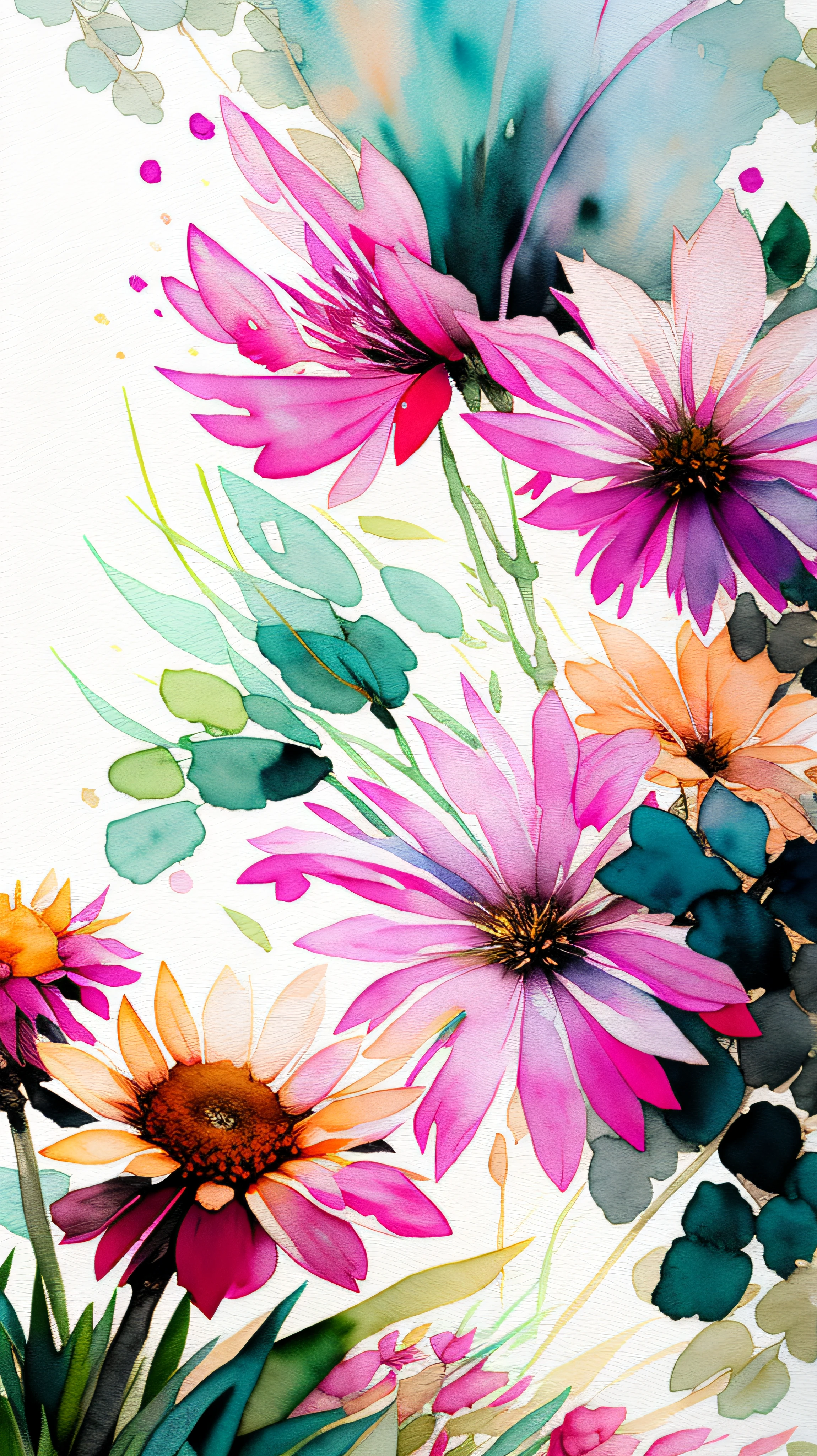 Vase of flowers clipart white background scattered water color, scattered watercolor, has shadow, there are random pastel colors on each flower --auto