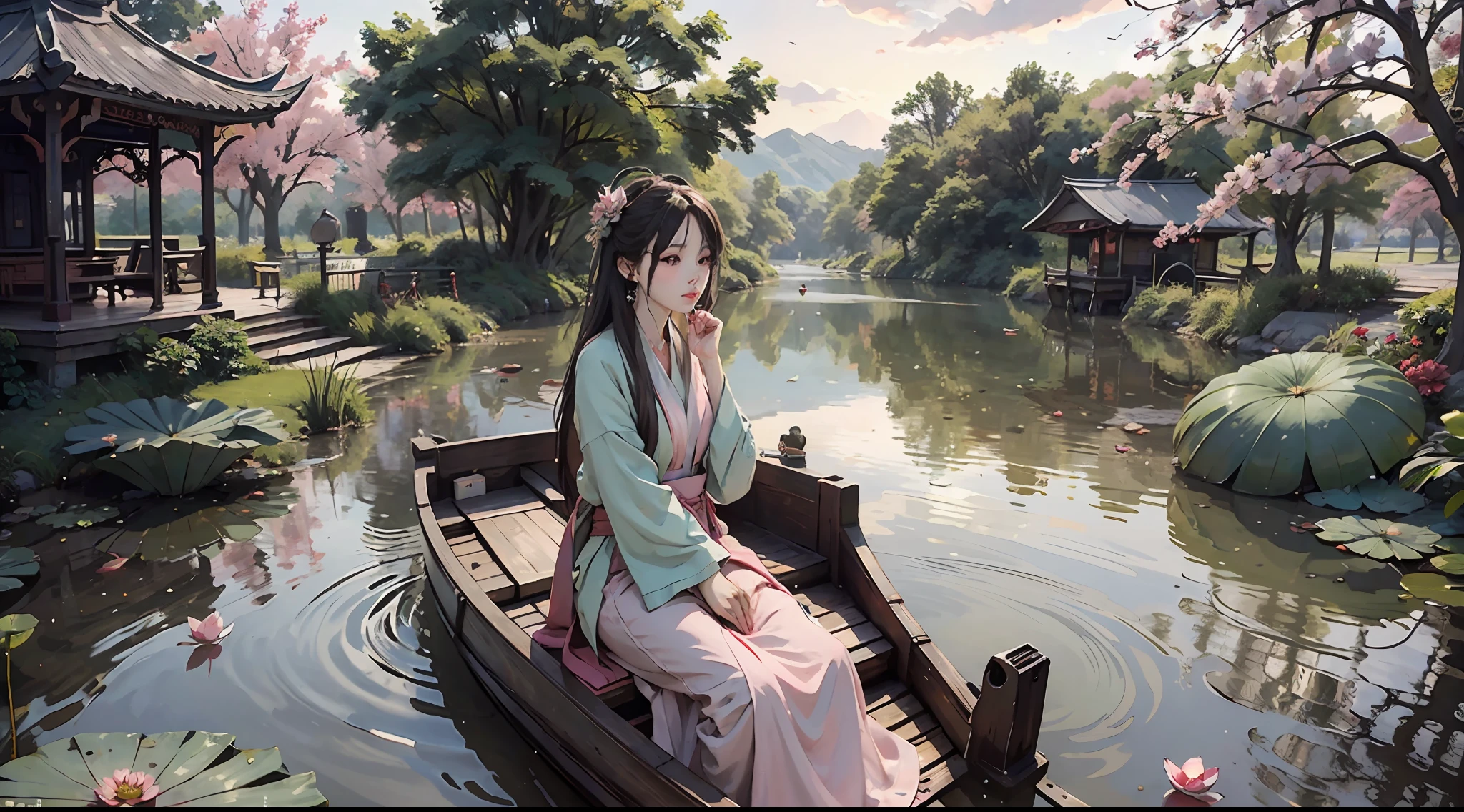 Vista, Telephoto, Masterpiece, Best Quality, Official Art, 8k Wallpaper, Very Detailed, Illustration, Evening, Twilight, Sunset, Stream, Pavilion (1.3), Largest Lotus Flower (1.3), Largest Lotus Leaf (1.3), Lots of Lotus Petals Floating in Water (1.3), Birds in the Air, A Rowing Girl, Ancient Chinese Small Wooden Boat, Pale Pink|Light Green Hanfu, Solo, Looking into the Distance, Official Art, Unity 8k Wallpaper, Ultra Detailed, Aesthetics, Masterpiece, Best Qualityrealistic