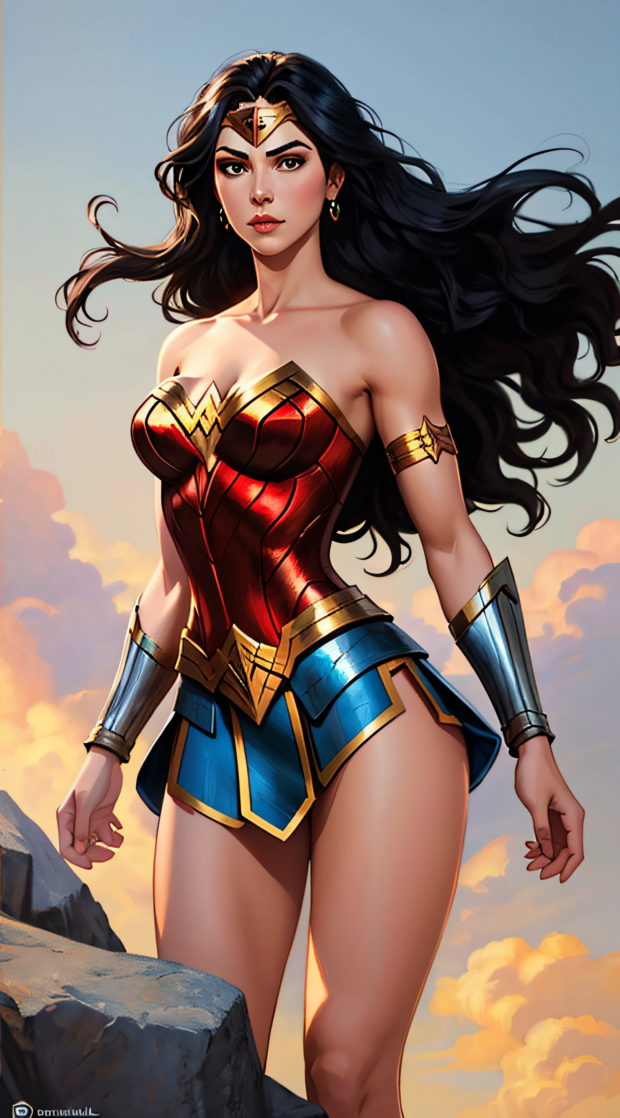 wonder woman, (pretty face:1.2), (finely detailed face and beautiful eyes), mature female, muscle, bare hands, (armlet, armored dress, bracer, head ring ), (black eyes, black long hair, messy hair, floating hair), (long proportional legs), (best quality:1.1),(clear background:1.2), dark_fantasy, wind, 35mm lens, f/1.4, 8K, ((masterpiece)), trending on Artstation, DeviantArt, Mucha, Rutkowski, artgerm