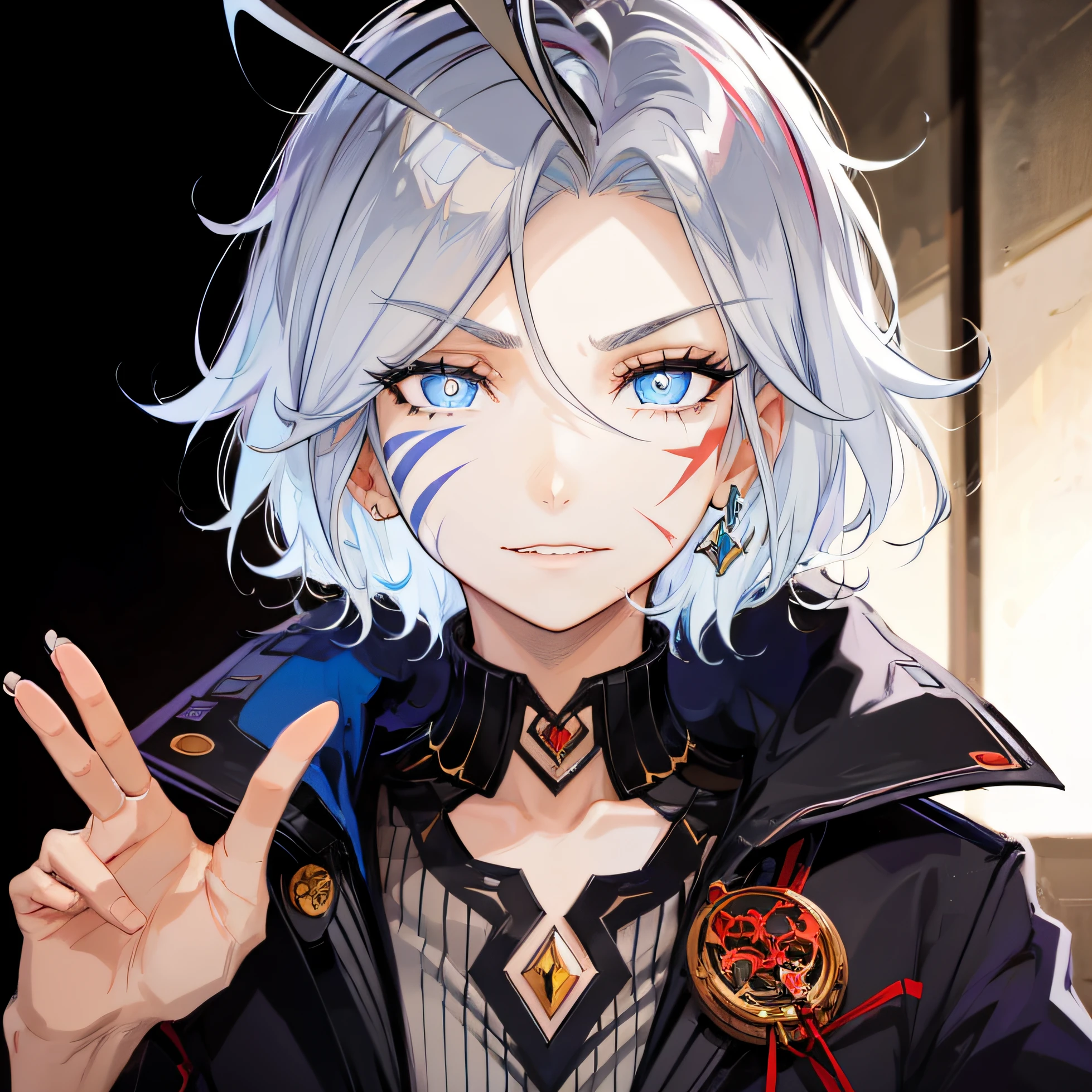 A man, striped hair, short hair, silver hair, antenna hair, face painting, scars on eyes, mismatched pupils, blue eyes, devil pupils, high detail, futuristic, anime, depth of field, shadow, masterpiece