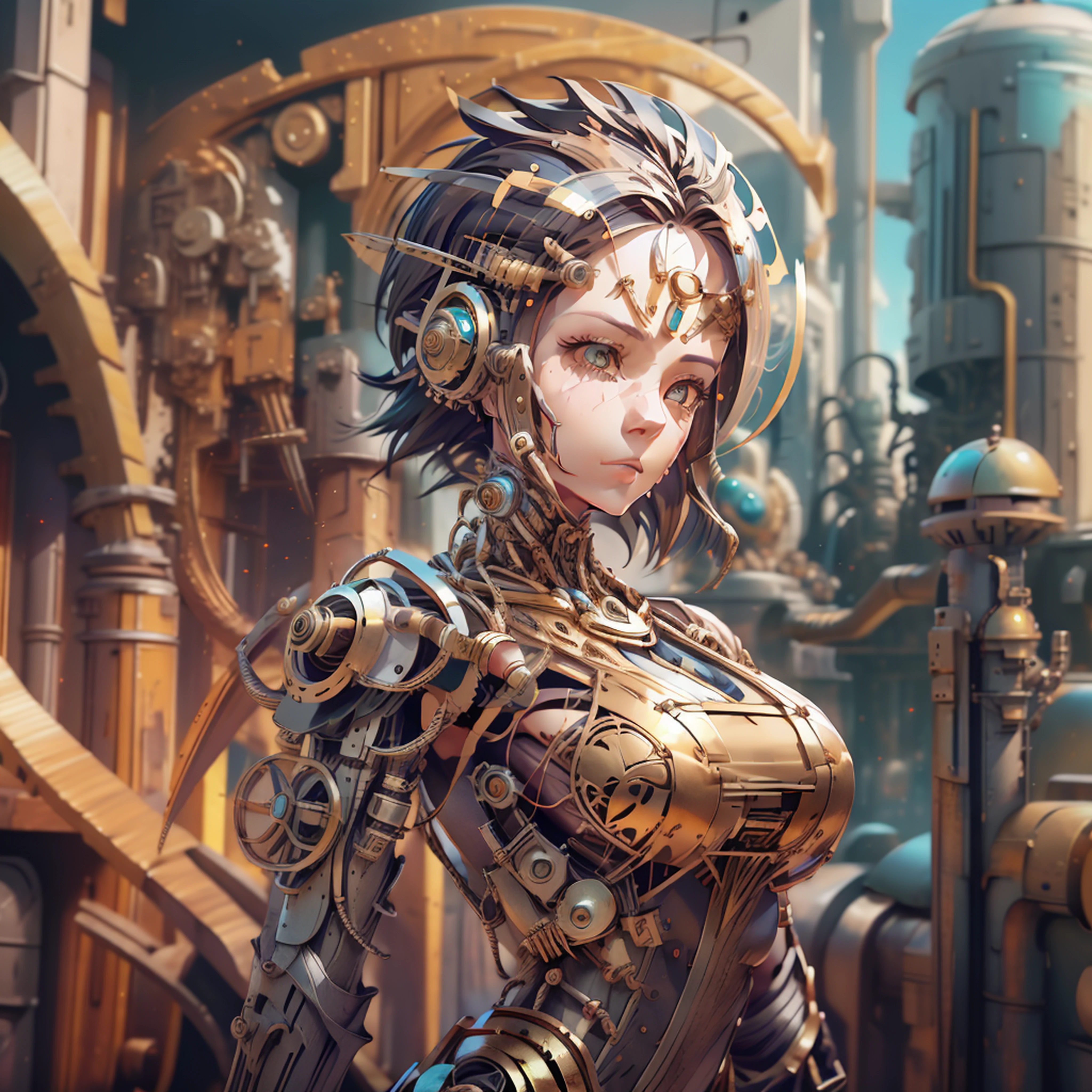 Ultra-detailed complex 3D rendering, beautiful porcelain profile, female android face, cyborg, robot parts, 150mm, beautiful soft studio lights, rim lights, vivid details, beautiful cyberpunk, running, surreal, anatomical, facial muscles, cable wires, microchip, elegant, beautiful background, octane rendering, HR Giger style, 8k, top quality, masterpiece, illustration, very delicate and beautiful, highly detailed, CG, uniform, wallpaper, (realistic , photorealistic: 1.37), stunning, finely detailed, masterpiece, top quality , Official art, Highly Detailed 8k CG Wallpaper, Absurd, Incredibly Absurd, Robot, Silver Halmet, Full Body, Sitting