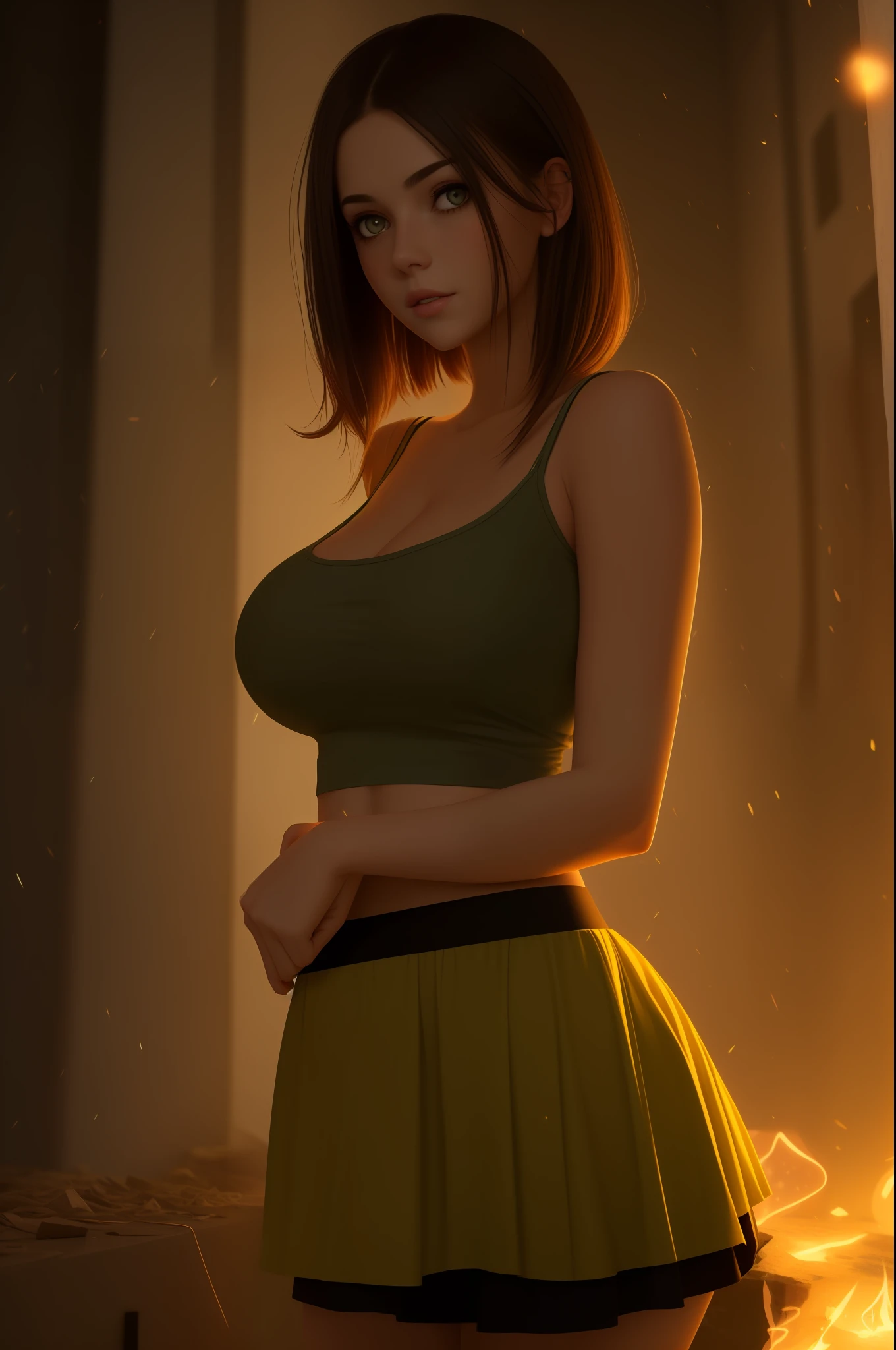 realistic, 1girl, brunette hair, olive eyes, glowing eyes, yellow top, skirt, parted lips, blush, night, abandoned pit, ghost, night, neckline , big breast,