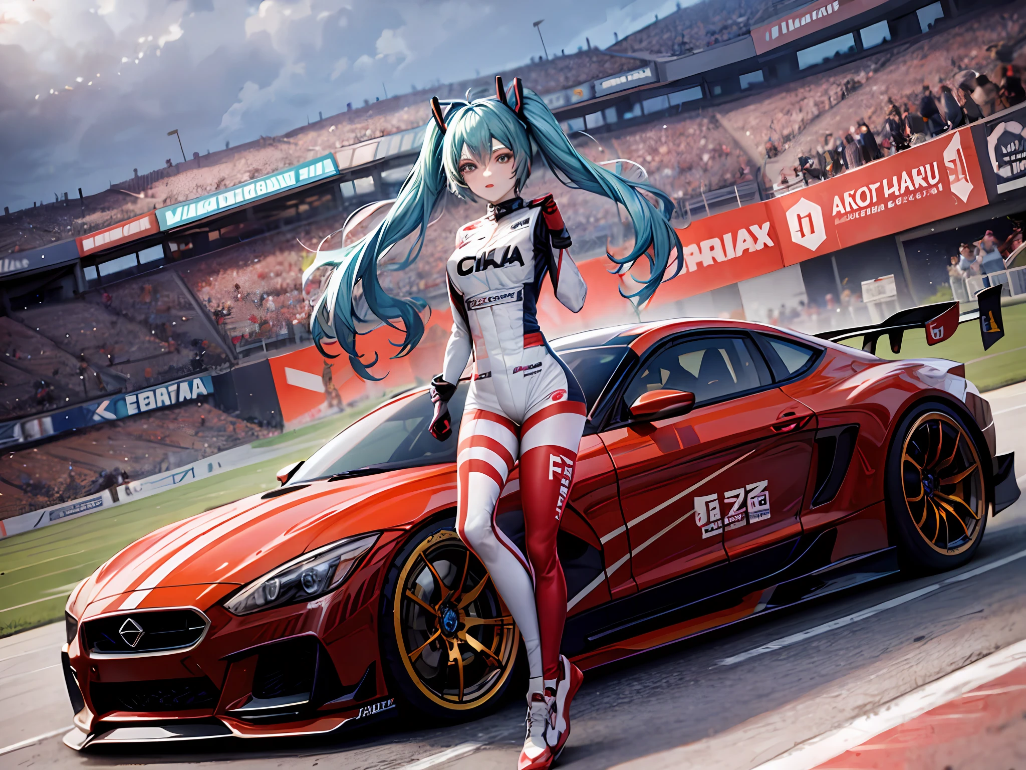 racing miku holding a big racing flag with checkerboard patter, car, racing car, esthetic, car girl, fullbody, racing pit, car racing, a beautiful highly detailed racing car in teal color behind her, stadium full of people buzzing, excitement, party, dynamic, cinematic, best lighting, best quality, masterpiece, car racer, miku, long pigtails,kcar66t, car