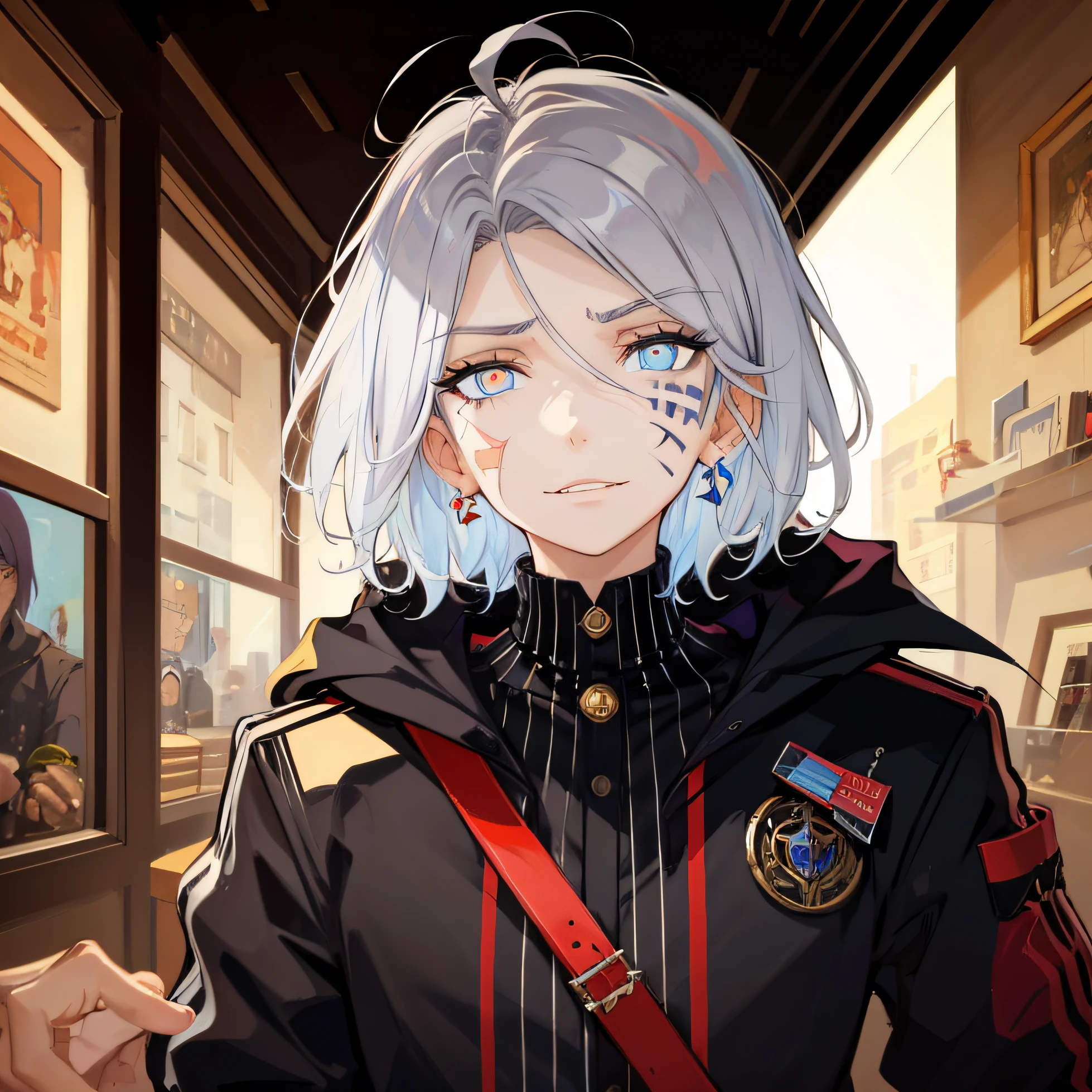 A man, striped hair, short hair, silver hair, antenna hair, face painting, scars on eyes, mismatched pupils, blue eyes, devil pupils, high detail, futuristic, anime, depth of field, shadow, masterpiece
