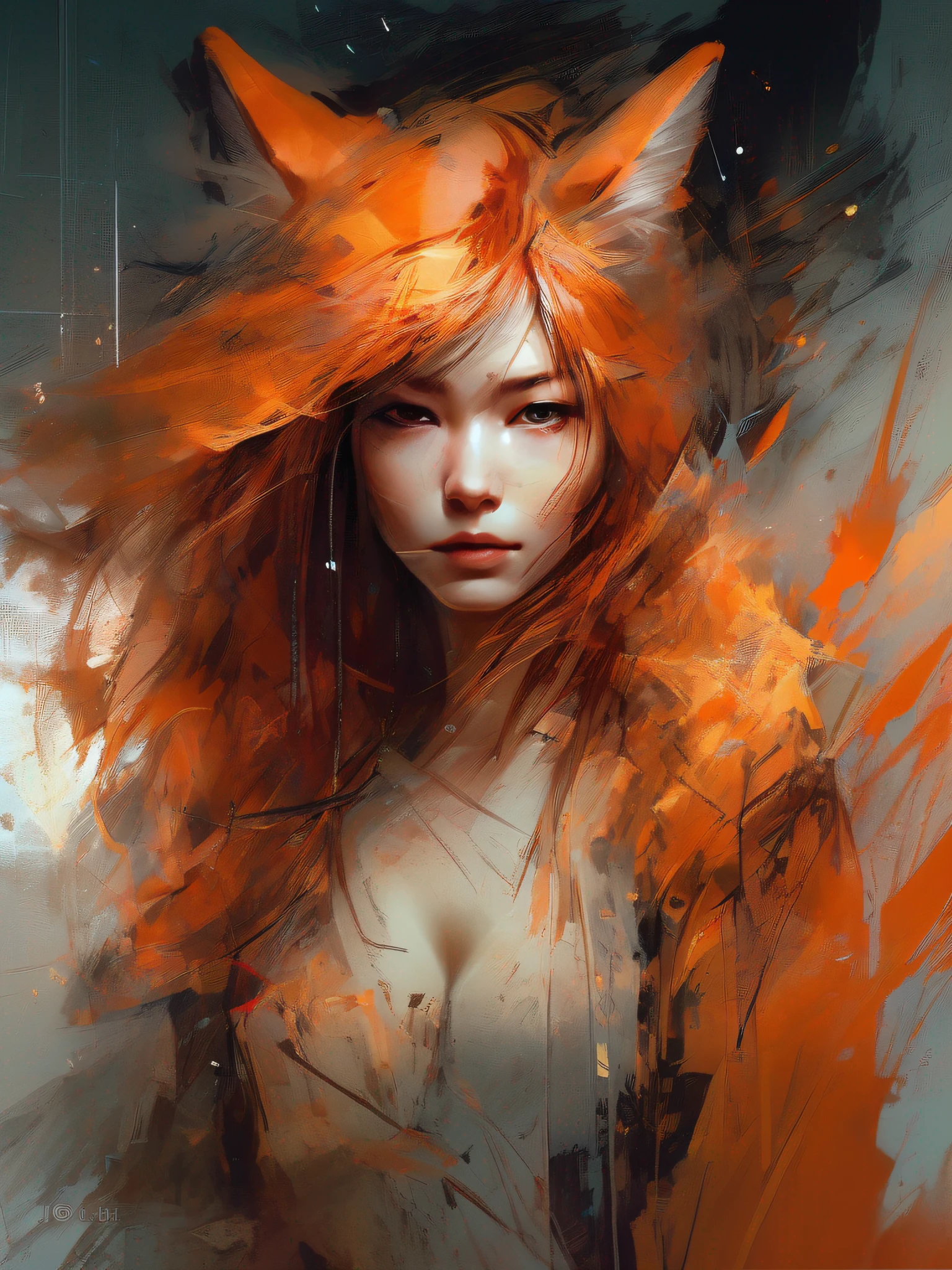 professional portrait of a firey fox, abstract beauty, approaching perfection, delicate face, dynamic, moonlight, highly detailed, digital painting, artstation, concept art, smooth focus, sharp, illustration, art by Carne Griffiths and by Wadim Kashin