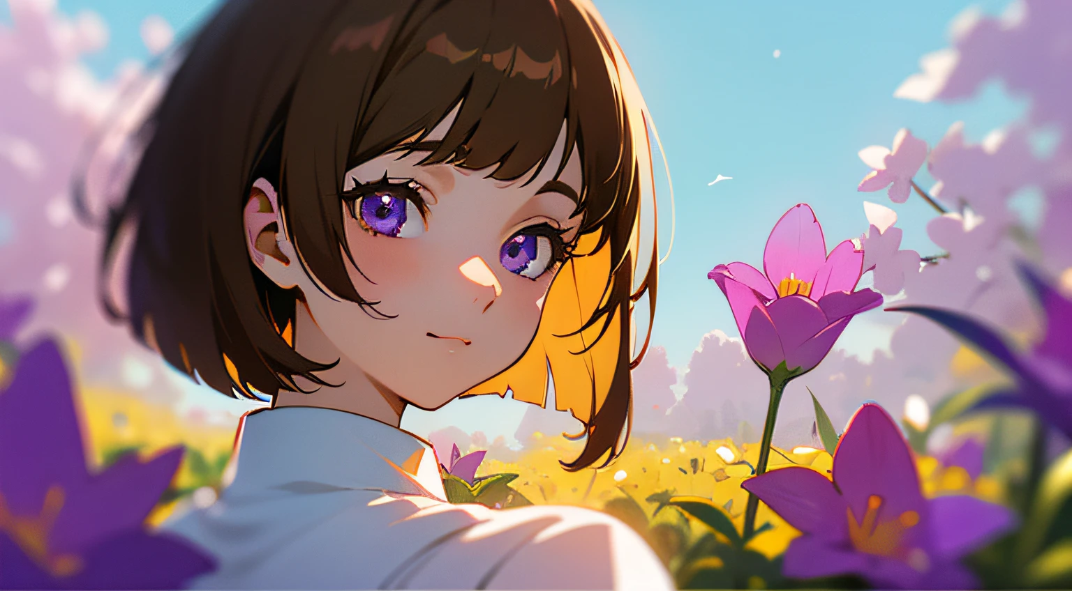 ((woman)), bob cut, brown hair, purple eyes, smile, expressionless eyes, Minimalism, anime, Color Field painting, bloom, chromatic aberration, from behind, lens flare, 4K, super detail