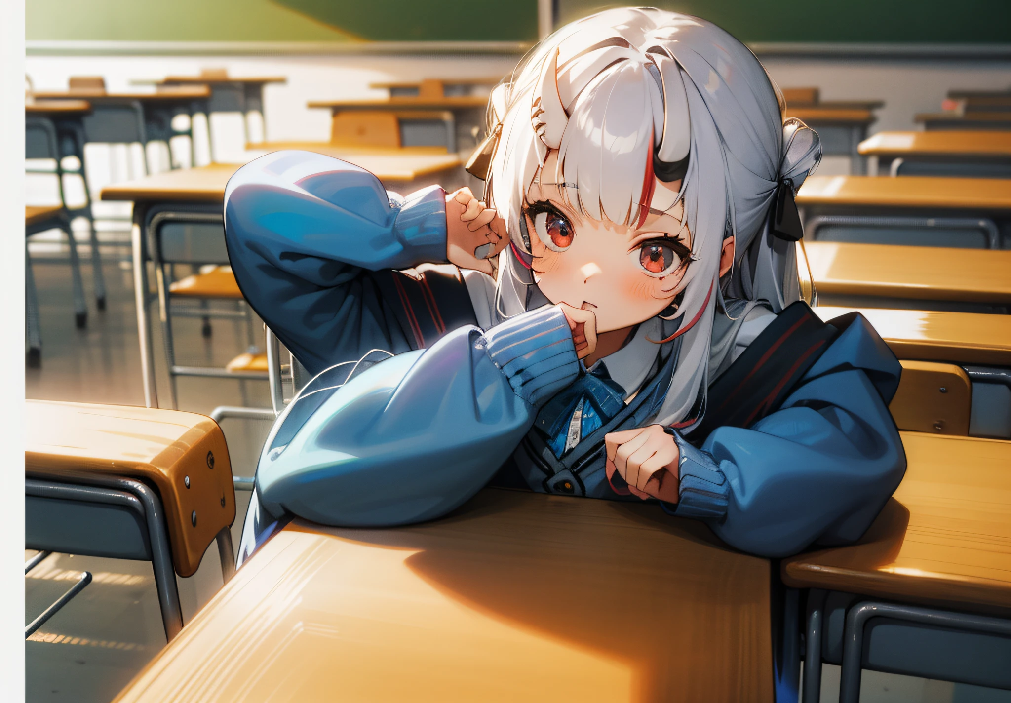 Masterpiece, Top Quality, (1 Girl, Solo), VR-YUA, Blue Cardigan, Classroom