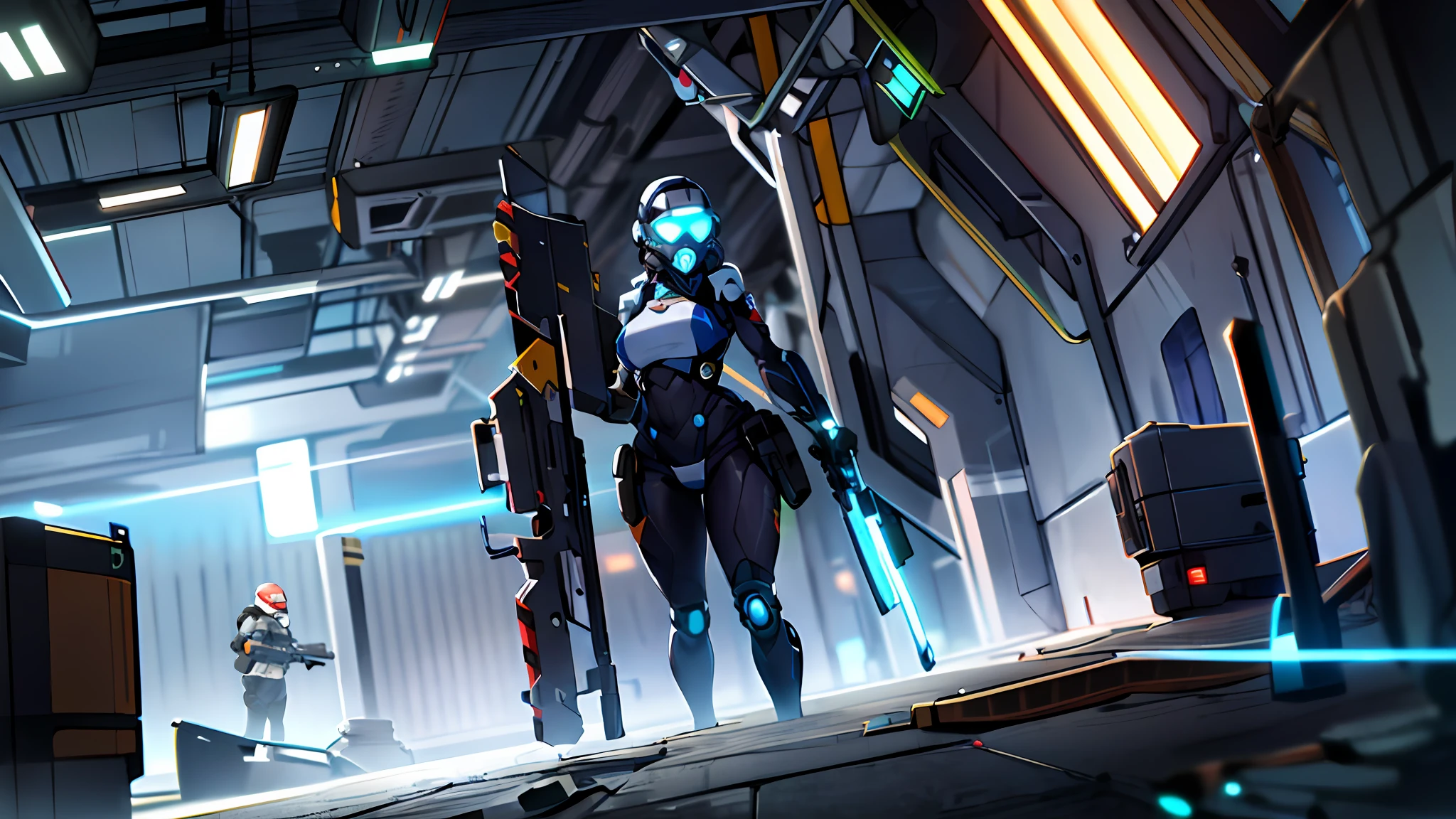 there is a woman man holding a large weapon in a room, in game, in-game, in - game, discarded mechsuit in background, sci-fi soldier, holding sci-fi rifle, stealth suit, in a dark space mercenary outfit, fps game, clothed in stealth armor, futuristic soldier, hl 2, first person screenshot, gmod, combine soldier, 1girl, solo, standing, helmet, gloves, looking at viewer, facing viewer, military, science fiction, city, russia, gas mask, wide hips, (glowing blue eyes)