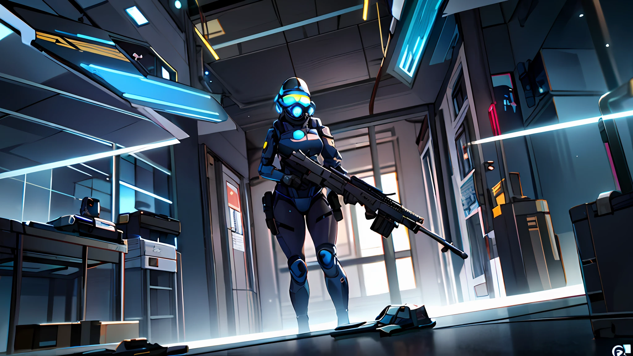 there is a woman man holding a large weapon in a room, in game, in-game, in - game, discarded mechsuit in background, sci-fi soldier, holding sci-fi rifle, stealth suit, in a dark space mercenary outfit, fps game, clothed in stealth armor, futuristic soldier, hl 2, first person screenshot, gmod, combine soldier, 1girl, solo, standing, helmet, gloves, looking at viewer, facing viewer, military, science fiction, city, russia, gas mask, wide hips, (glowing blue eyes)