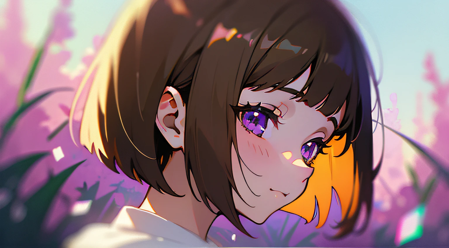 ((woman)), bob cut, brown hair, purple eyes, smile, expressionless eyes, Minimalism, anime, Color Field painting, bloom, chromatic aberration, from behind, lens flare, 4K, super detail