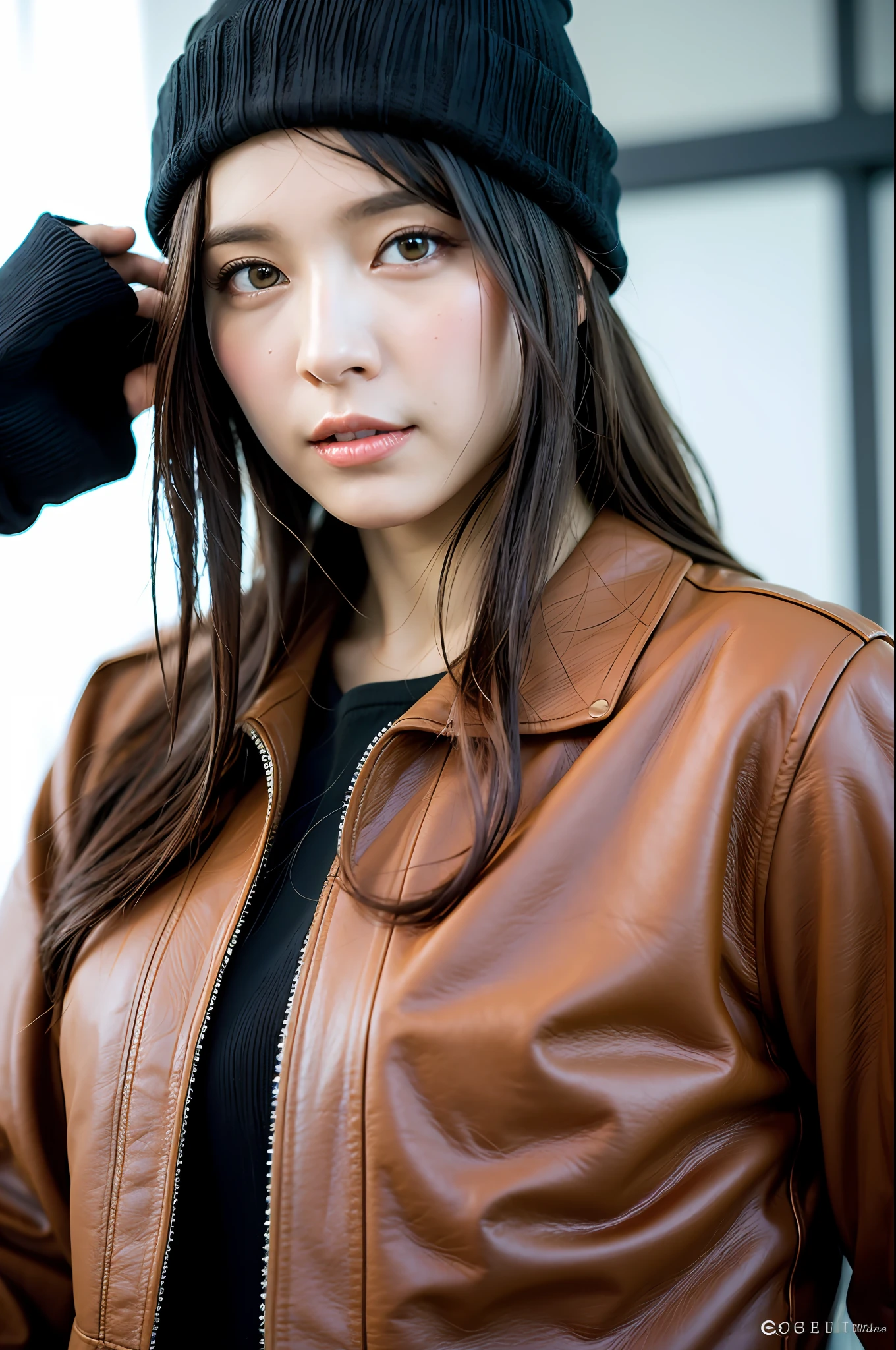 (8k:1.27), best quality, masterpiece, ultra highres:1.2) Photo of Pretty Japanese woman
(beautiful:1.1) (sci-fi warrior woman:1.1) space soldier, (beanie:1.61) (leather jacket:1.21) intricate elegant, fantasy, detailed, ometric by greg rutkowski and alphonse mucha, gradient lighting