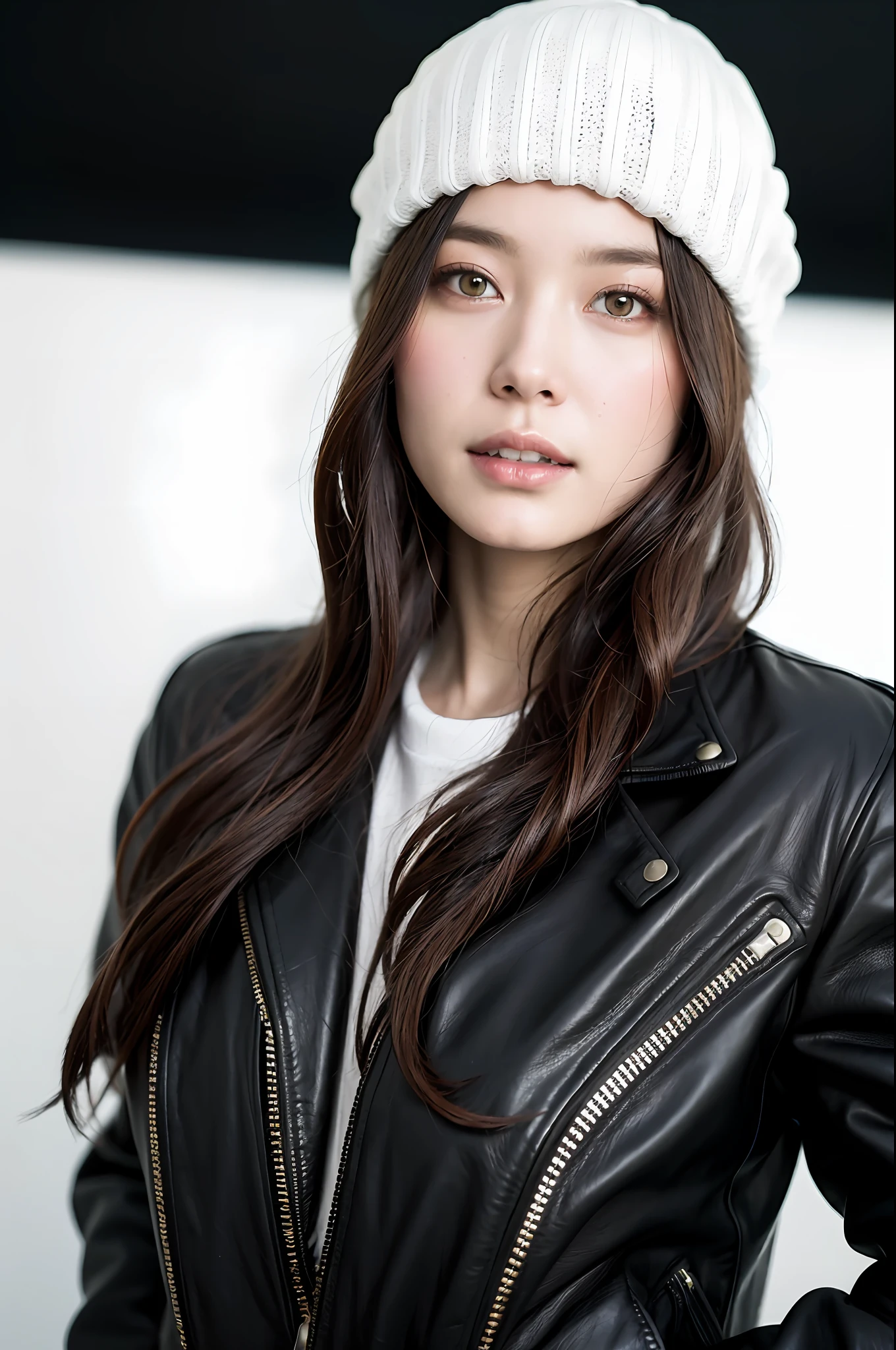 (8k:1.27), best quality, masterpiece, ultra highres:1.2) Photo of Pretty Japanese woman
 (beautiful:1.1) (sci-fi warrior woman:1.1) space soldier, (beanie:1.61) (leather jacket:1.21) intricate elegant, fantasy, detailed, ometric by greg rutkowski and alphonse mucha, gradient lighting