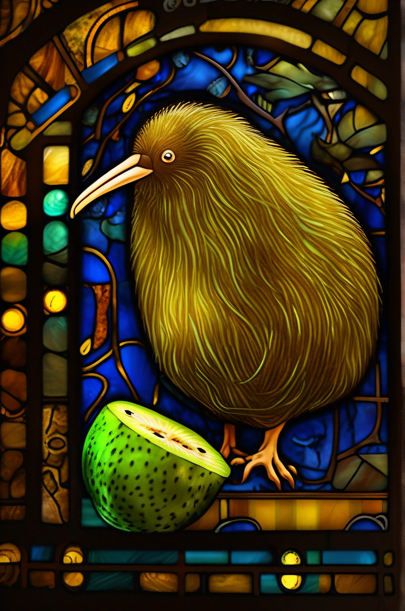 a stained glass painting of Kiwi in the style of Klimt and stained glass effects, beautiful composition, glowing glass