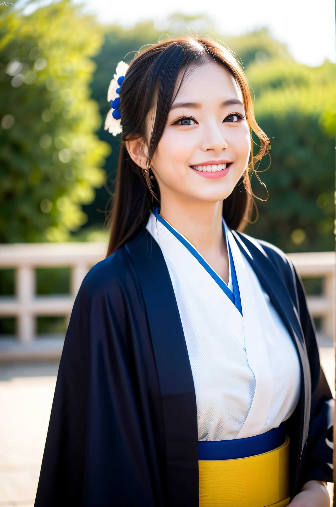 ((Top Quality, 8K, Masterpiece: 1.3)), Sharp Focus: 1.2, (Super Beautiful Face: 1.0), (Slender Abs Beauty: 1.0), (Shiny Skin: 1.0), Realistic Photography, Black Hair, Realistic Pupils, Video Lighting, High Definition Eyes and Face, Video Lighting, (Cowboy Shot: 1.3), (Kimono, Hakama, Obi: 1.4), (Korean Cute Actress), Traditional Kimono, Happy, Watch the audience, From the front, big