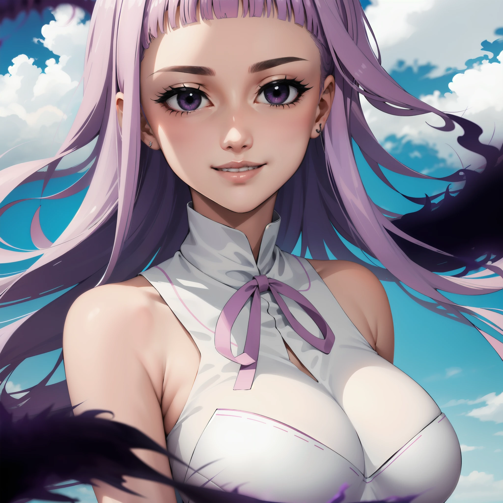 ((masterpiece)), ((best quality)), melascula, empty eyes, 1girl, solo, (dark aura), aura, long_hair, pink_hair, purple_hair, blunt bangs, portrait, upper body, leotard, white cloth, neck ribbon, breasts, tight clothes, big breasts, looking at viewer, beautiful girl, detailed nose, lips, smiling, blue sky