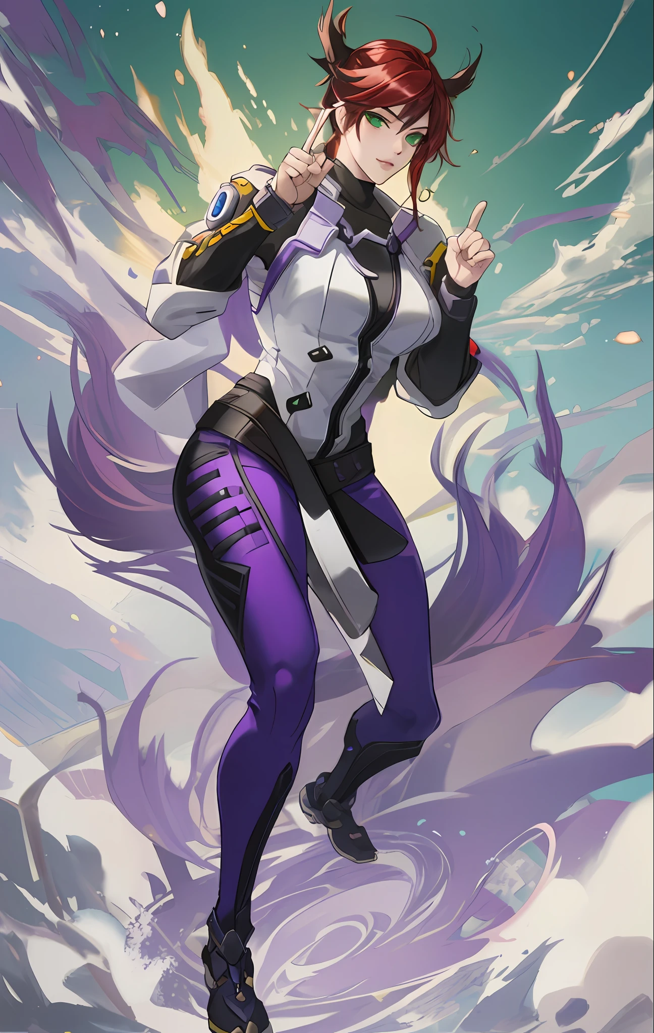 A purple-skinned, muscular, fight-pose, red-haired, green-eyed, Overwatch shadow, official character art, such as an Overwatch character, purple body, fighting game character, oppai, sexy prudish pose gesture, such as Overwatch character