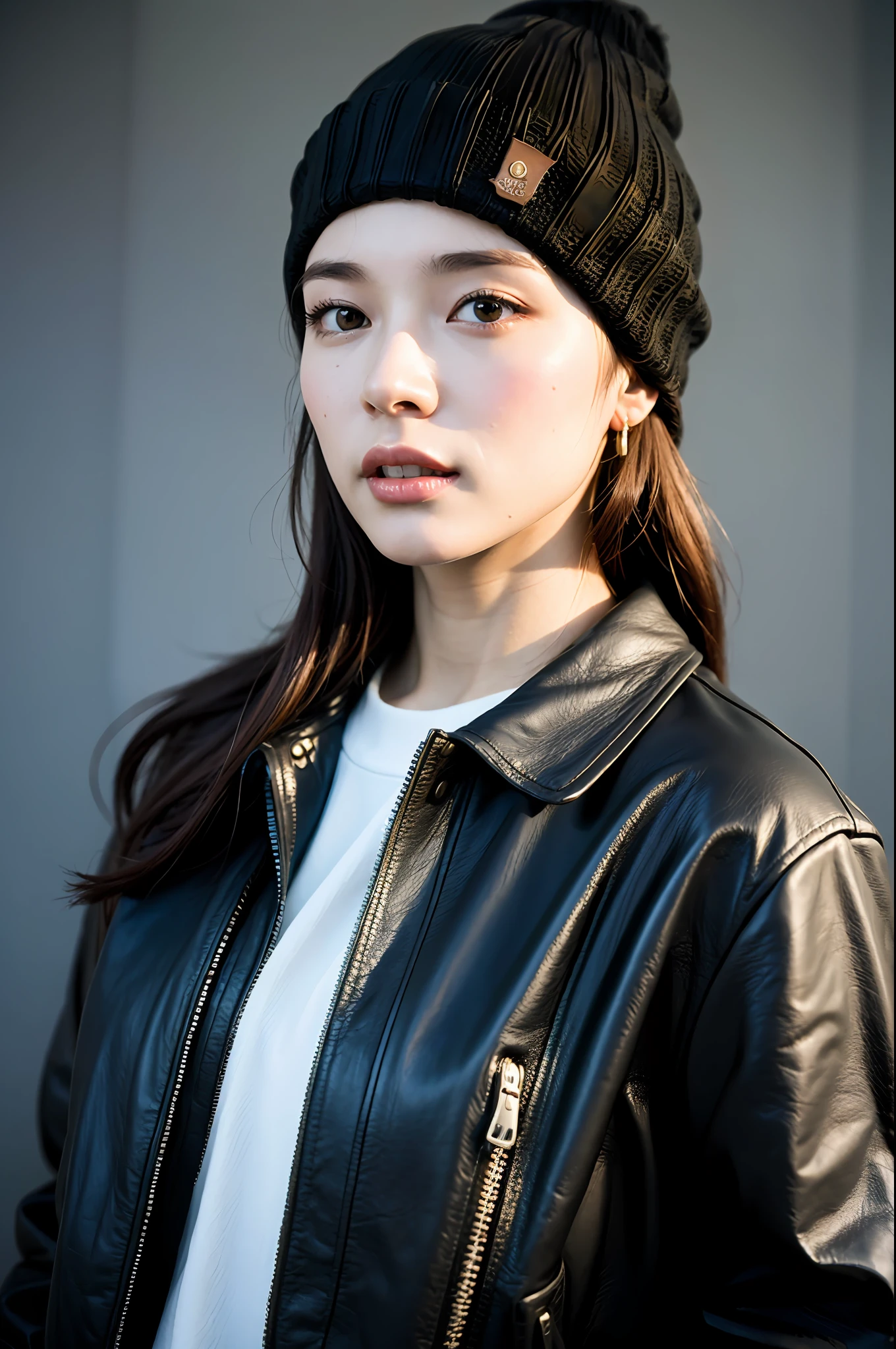 (8k:1.27), best quality, masterpiece, ultra highres:1.2) Photo of Pretty Japanese woman
(beautiful:1.1) (sci-fi warrior woman:1.1) space soldier, (beanie:1.61) (leather jacket:1.21) intricate elegant, fantasy, detailed, ometric by greg rutkowski and alphonse mucha, gradient lighting