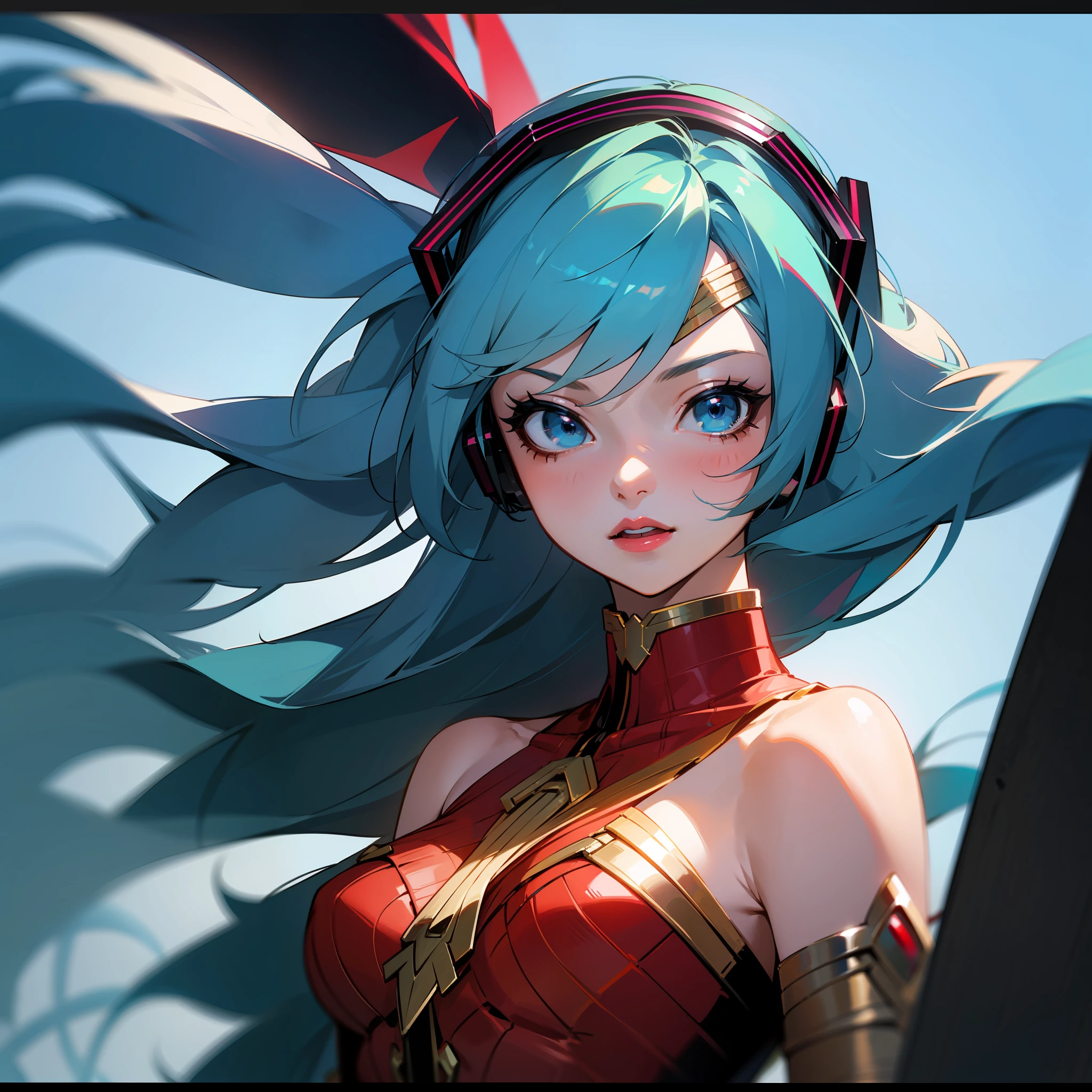 Hatsune miku, with Wonder Woman cosplay, vocaloid, blue hair, blue eyes, red lips, heroic pose, miku