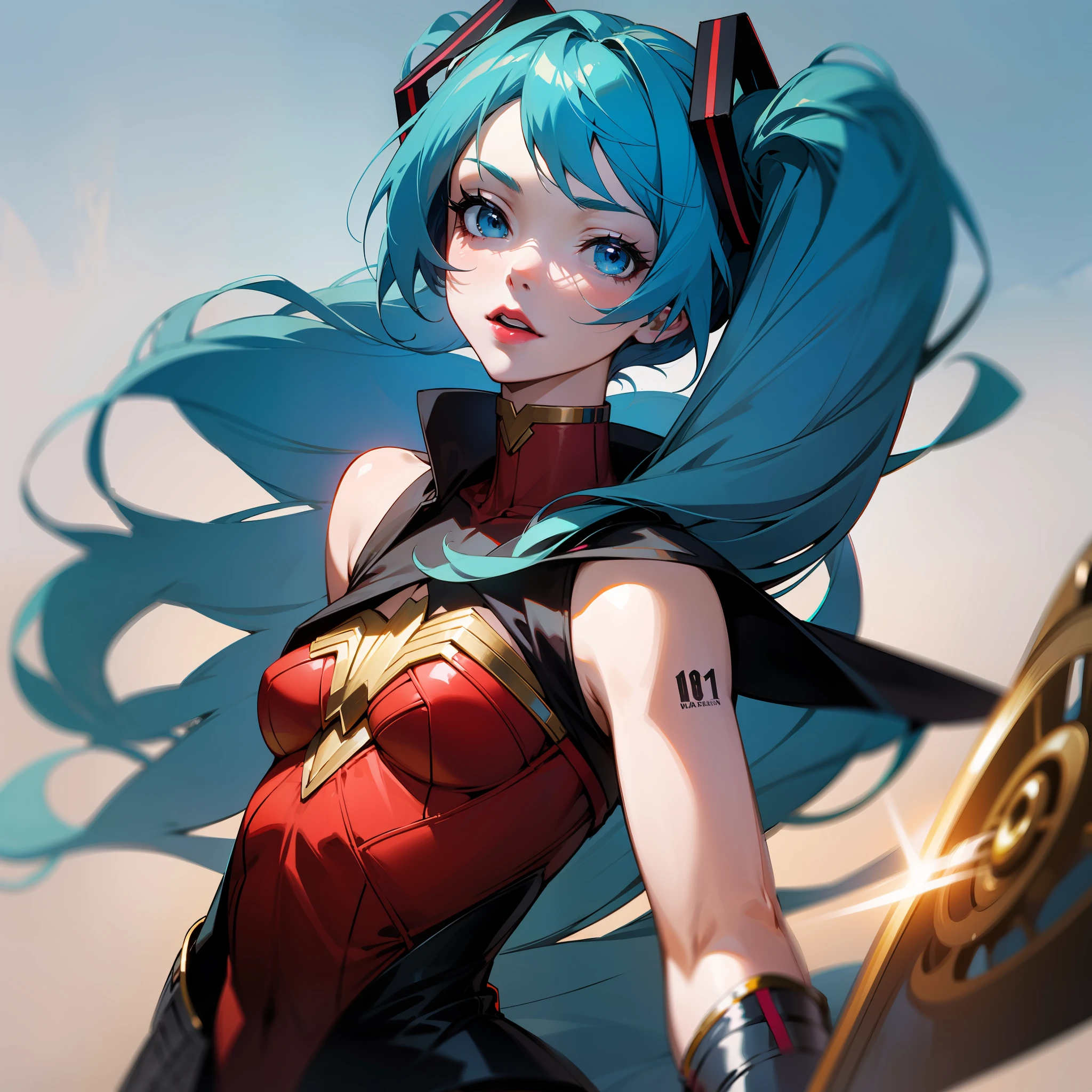 Hatsune miku, with Wonder Woman cosplay, vocaloid, blue hair, blue eyes, red lips, heroic pose, miku