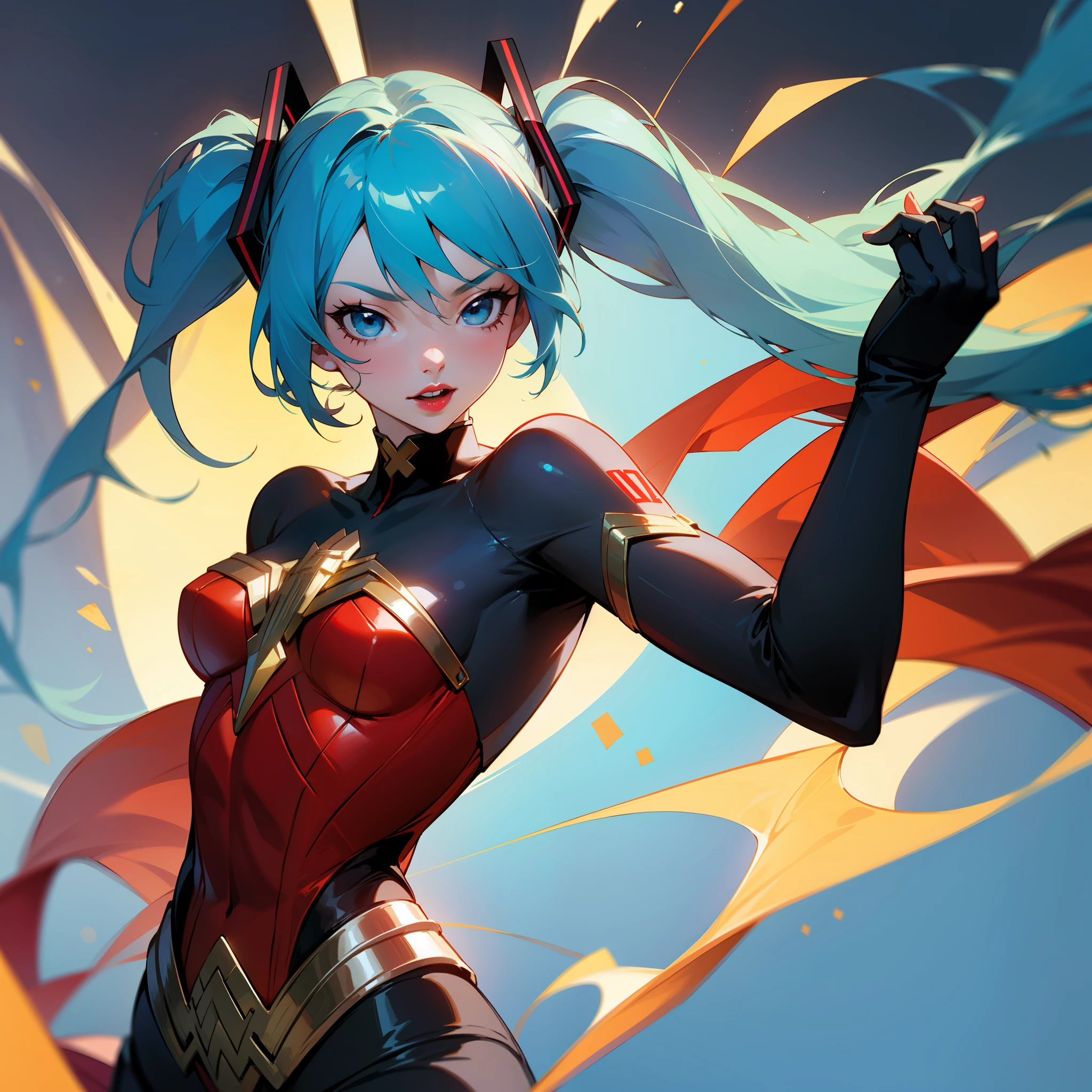 Hatsune miku, with Wonder Woman cosplay, vocaloid, blue hair, blue eyes, red lips, dynamic pose, miku