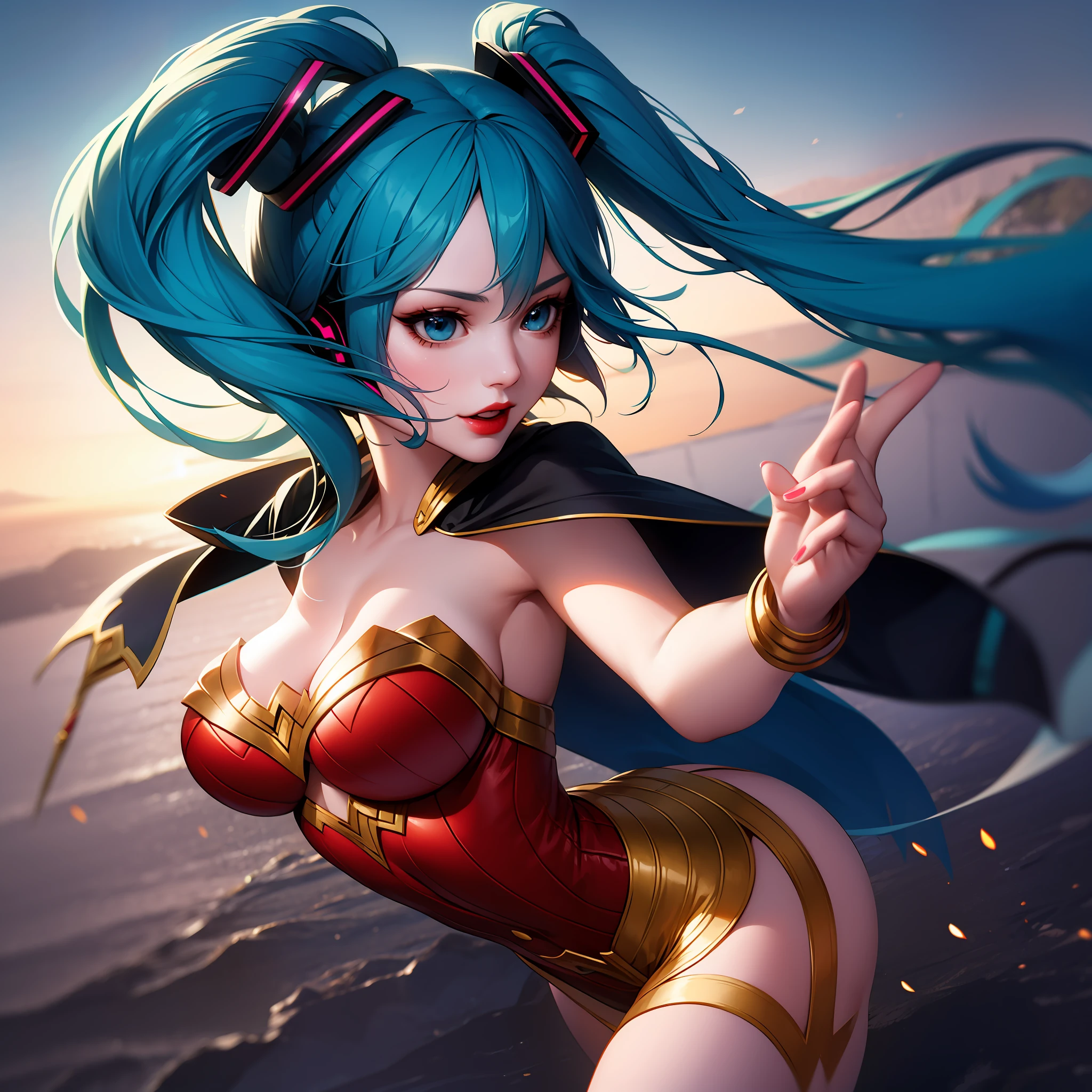 Hatsune miku, with Wonder Woman cosplay, vocaloid, blue hair, blue eyes, red lips, dynamic pose, miku