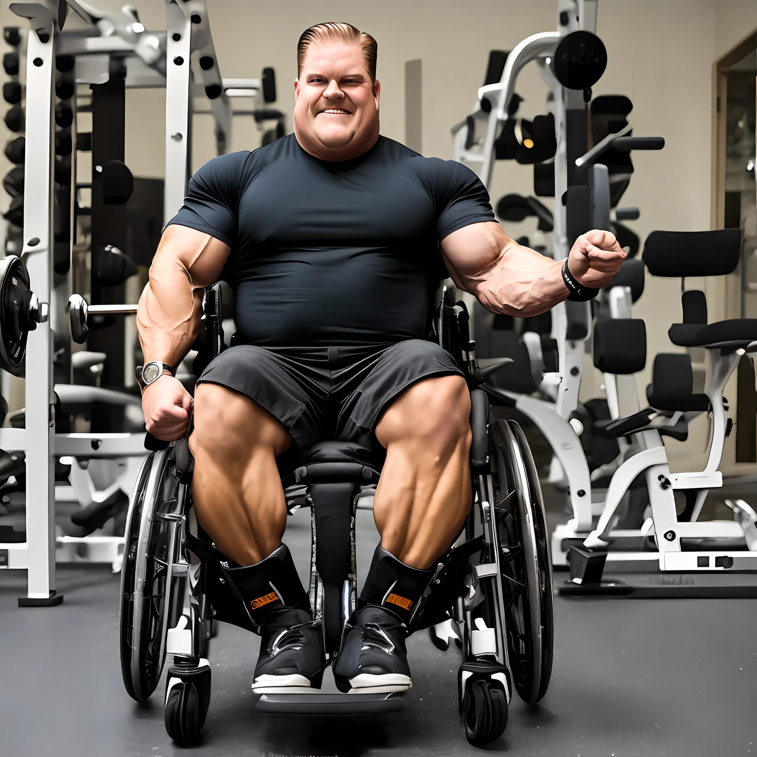 joe swanson, muscle man, sitting down in a wheelchair, wide angle photo, no facial hair, no mustache, skinny legs