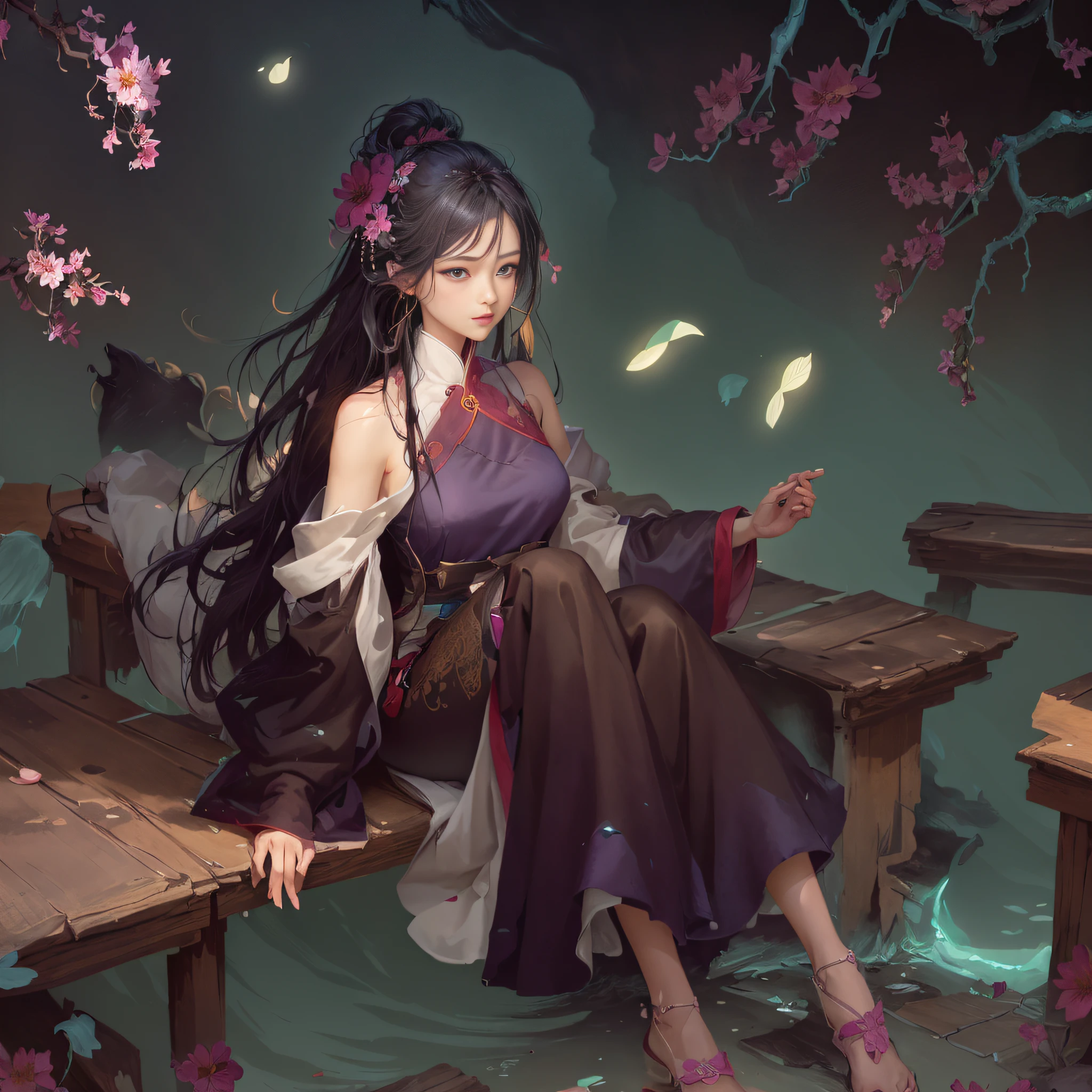 there is a woman sitting on a bench with a flower in her hand, palace ， a girl in hanfu, artwork in the style of guweiz, guweiz, white hanfu, guweiz on pixiv artstation, beautiful character painting, fantasy art style, guweiz masterpiece, trending on cgstation, by Yang J, beautiful anime, perfect eyes and face, beauty proportional eyes