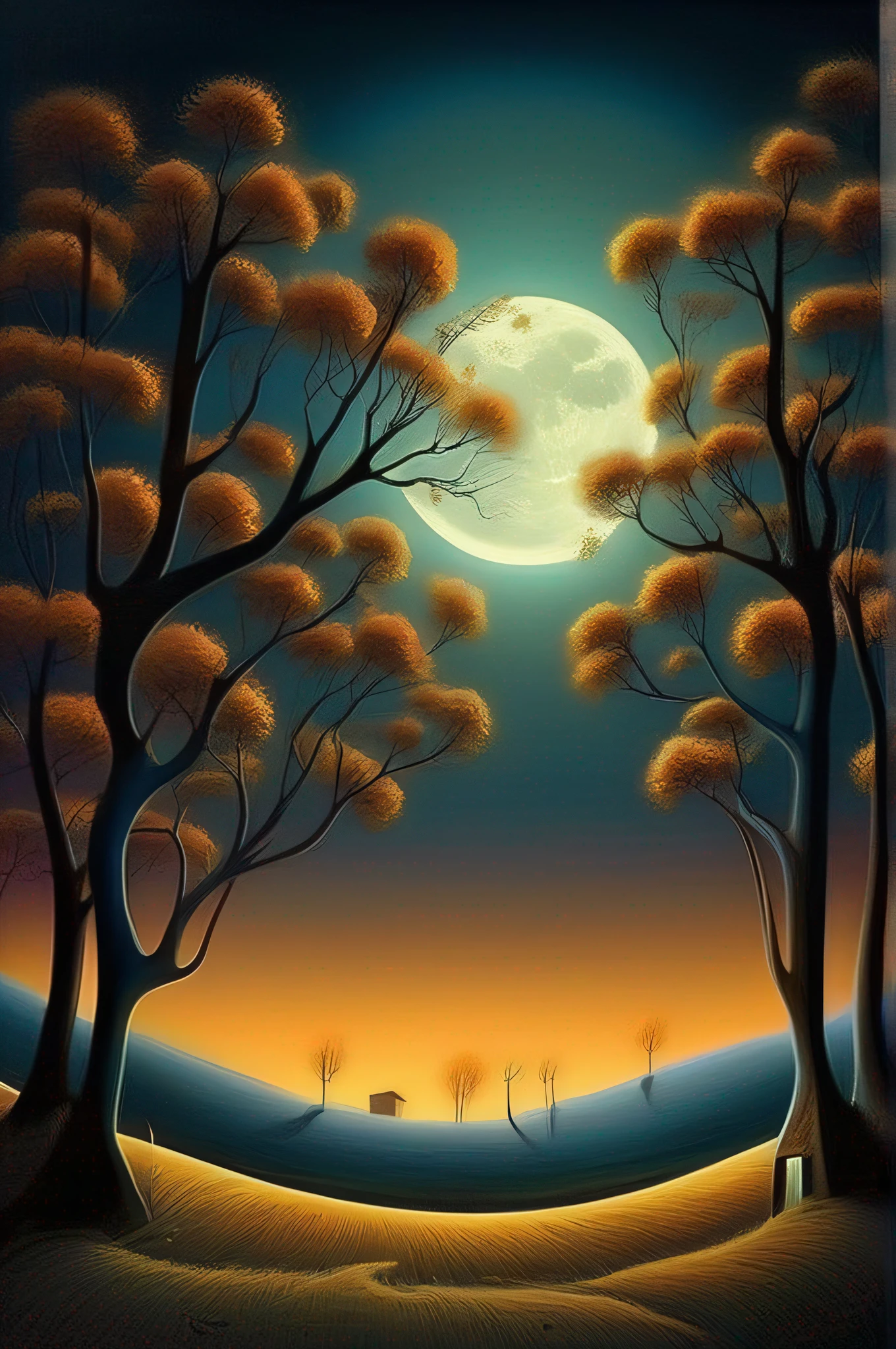 there is a painting of a field with trees and a full moon, digital art by Vladimir Kush, tumblr, digital art, autumn night, calm night. digital illustration, moonlit night dreamy atmosphere, whimsical fantasy landscape art, moon landscape, surreal gediminas pranckevicius, dan mcpharlin, beautiful moonlight night, surreal scene, surreal art