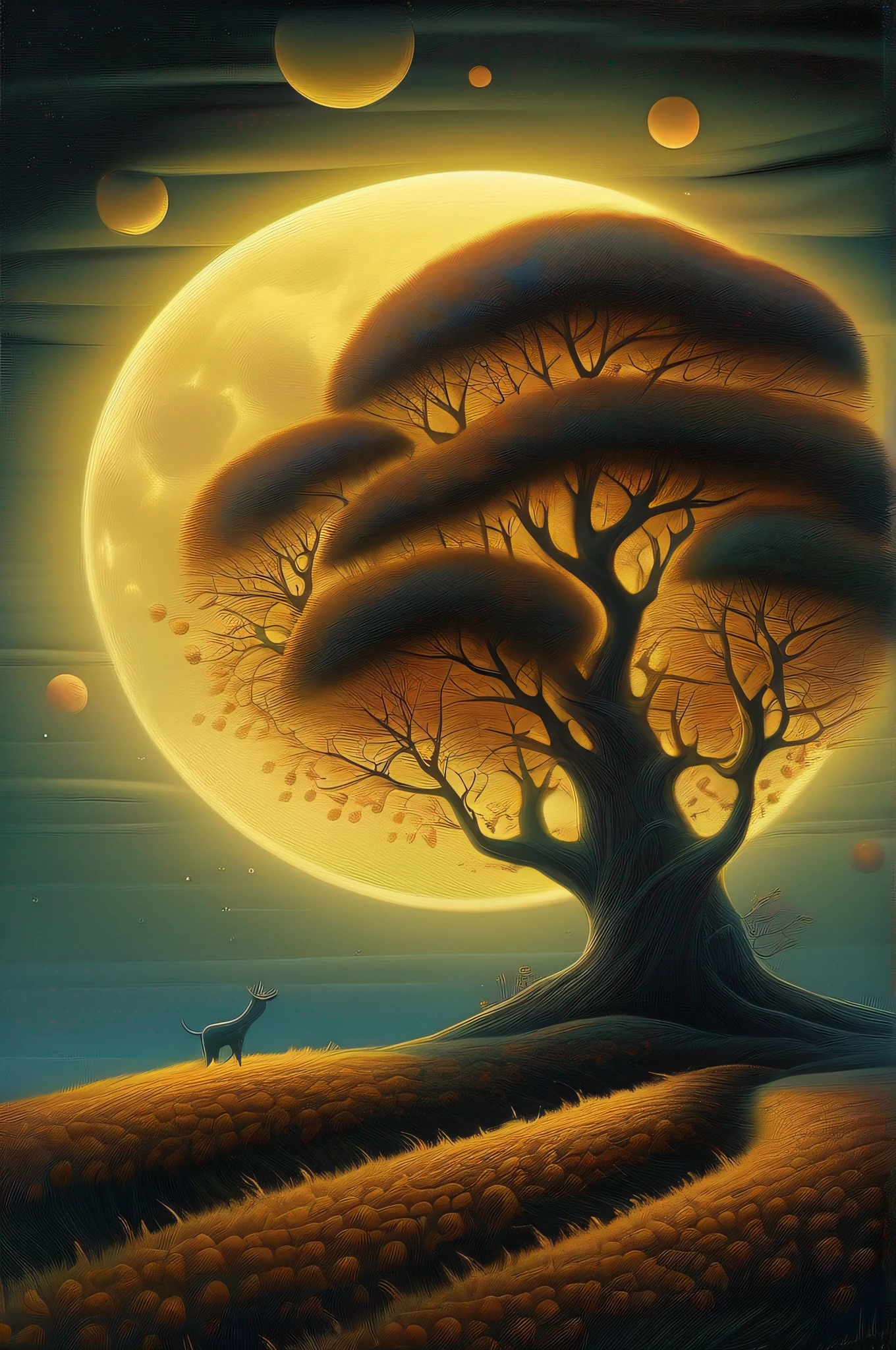 there is a painting of a field with trees and a full moon, digital art by Vladimir Kush, tumblr, digital art, autumn night, calm night. digital illustration, moonlit night dreamy atmosphere, whimsical fantasy landscape art, moon landscape, surreal gediminas pranckevicius, dan mcpharlin, beautiful moonlight night, surreal scene, surreal art