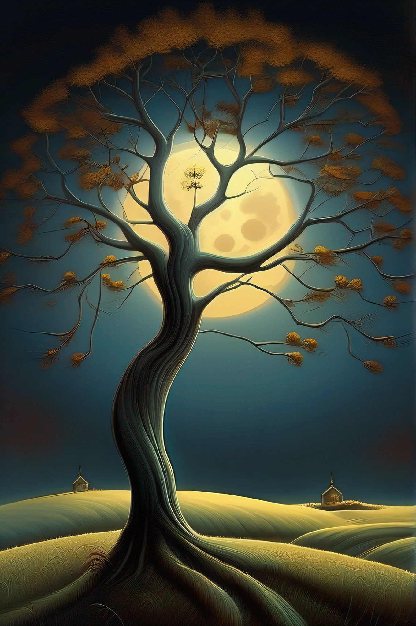 there is a painting of a field with trees and a full moon, digital art by Vladimir Kush, tumblr, digital art, autumn night, calm night. digital illustration, moonlit night dreamy atmosphere, whimsical fantasy landscape art, moon landscape, surreal gediminas pranckevicius, dan mcpharlin, beautiful moonlight night, surreal scene, surreal art