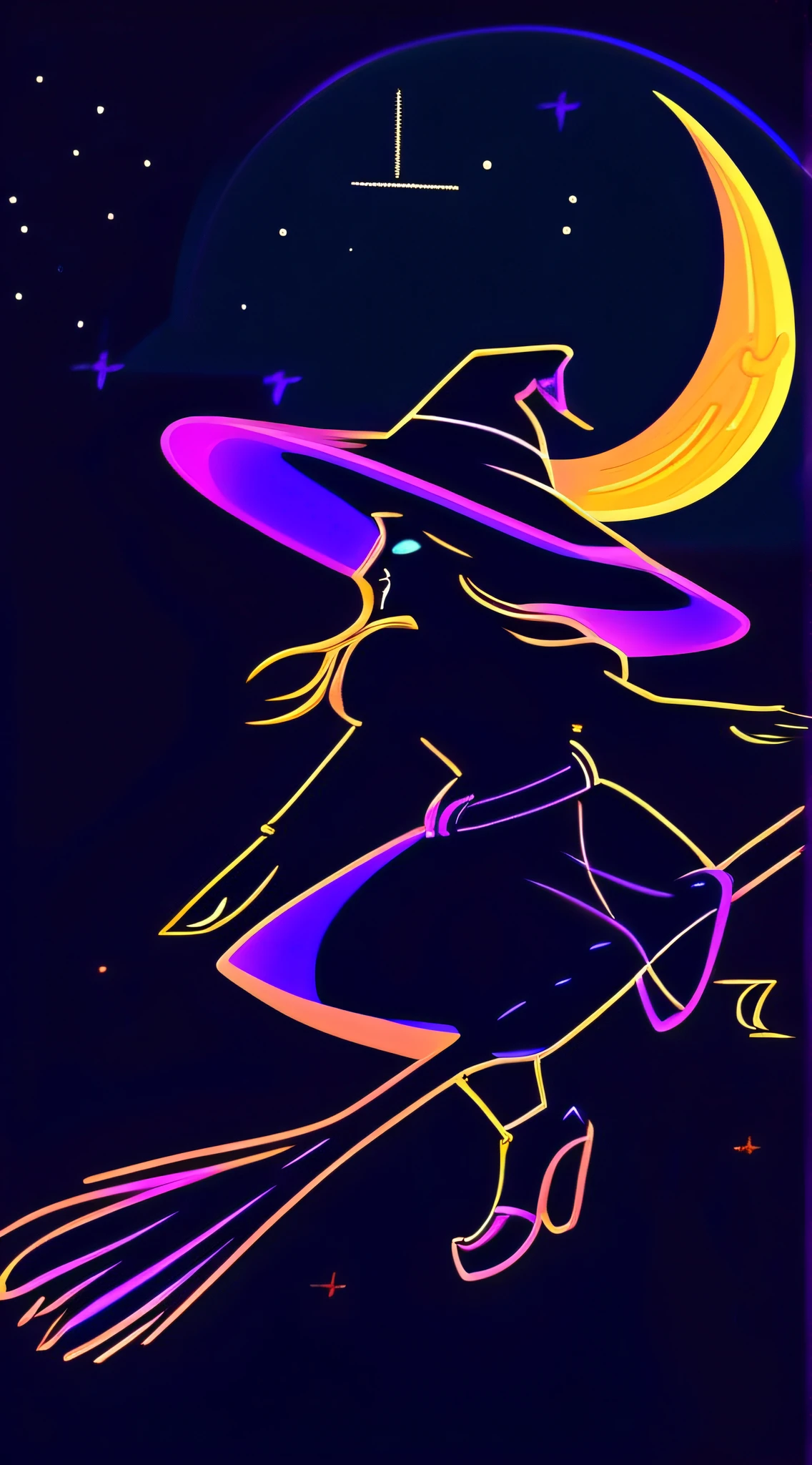 A contemporary witch, wearing a hat, dark style, flying in her neon broom, on a full moon night