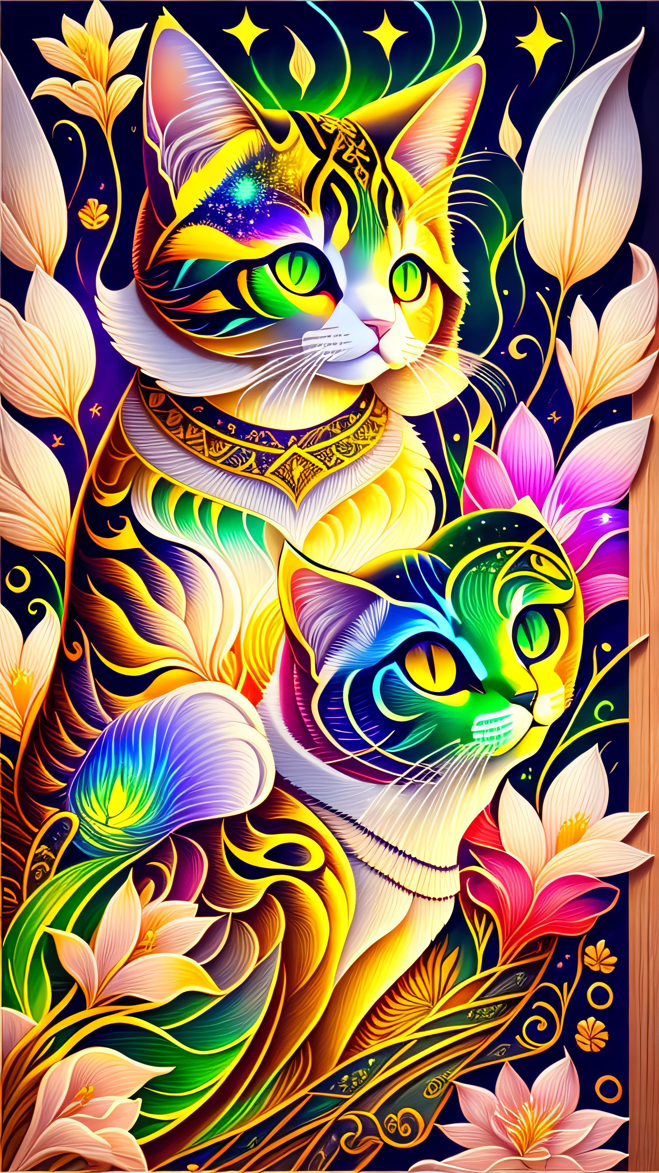 a silhouette design of a cat, sunset design, t- shirt art, 3D vector art, cute and quirky, bright bold colorful., black background, watercolor effect, , digital painting, low-poly, soft lighting, bird's-eye view, isometric style, retro aesthetic, focused on the character, 4K resolution, photorealistic rendering, using Cinema 4D --auto
