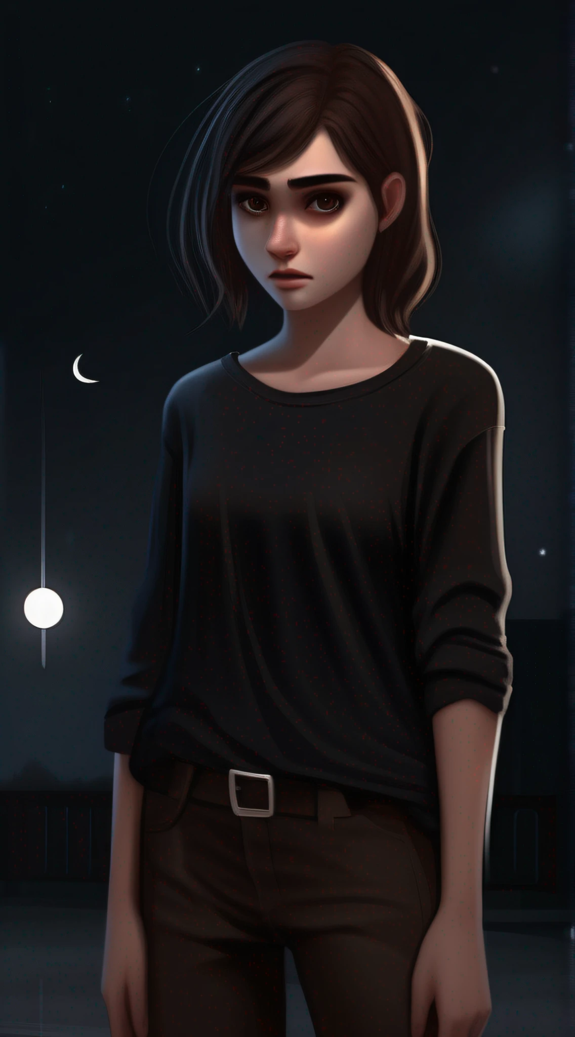 a girl full body, dark style, wearing long black t-shirt long black pants, dark style, brown eyes, short brown hair, expression of sadness in the look, moonlight night only, dark environment, high definition, detailed, realistic, hd, trend on artstation