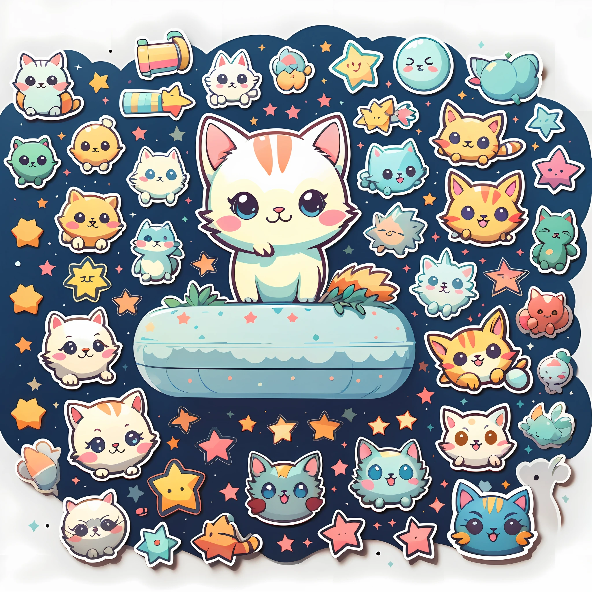 1 sticker, sticker, (cute, cat), stars, white background, no background, simple background, minimal, cute, tiny, pastel color, vector style, no gradient,
