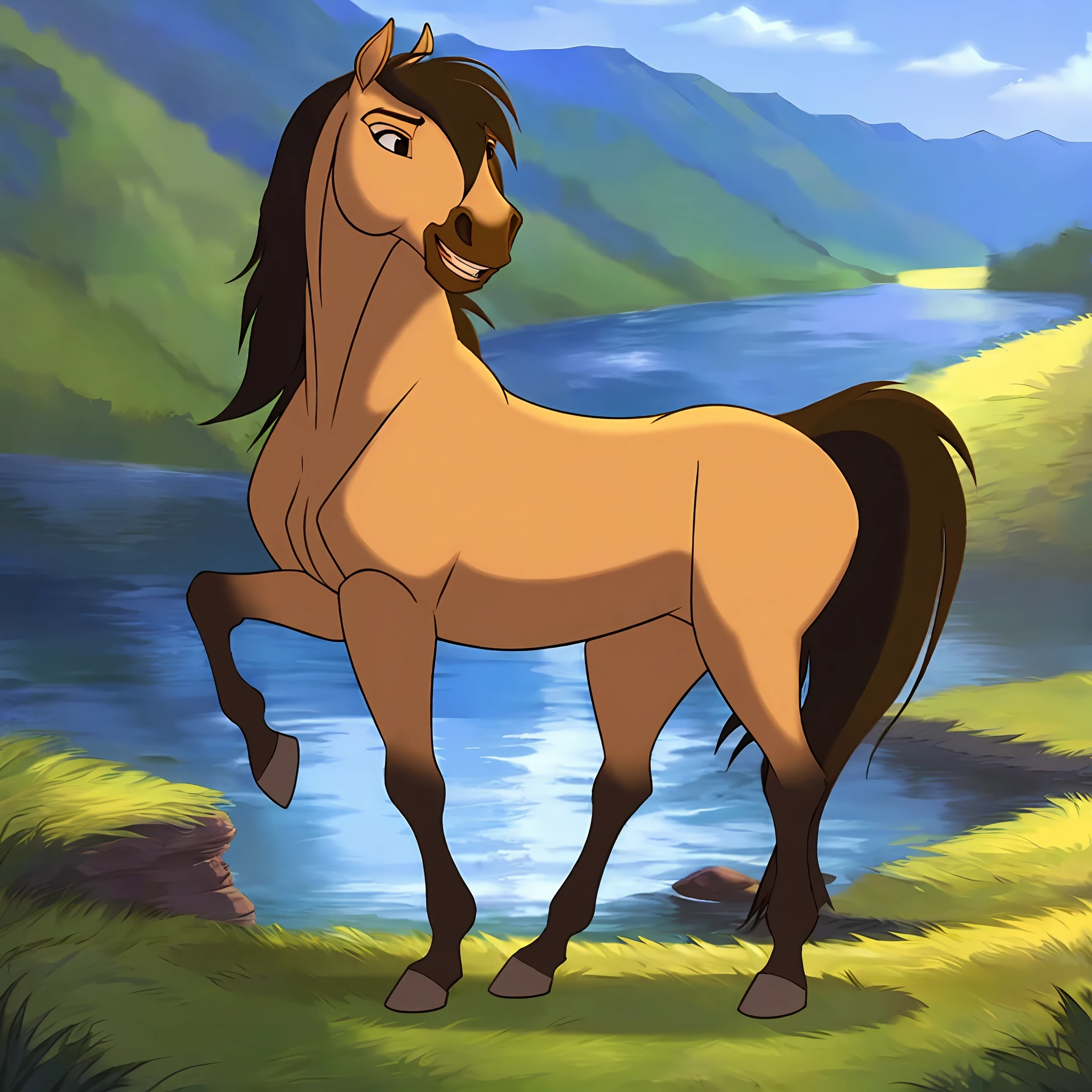 Spirit2002, horse standing in front of a waterfall, beautiful horse, one head, four legs, long mane, anatomically correct horse, Cartoon, prairies, mountains, freedom, white clouds, tall grass, waterfall in the background, river, sun