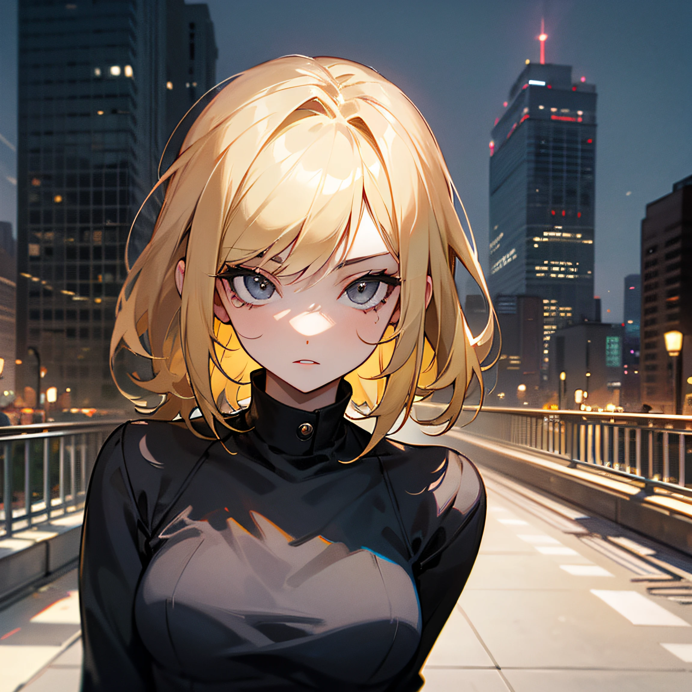 Blonde hair, grey eyes, look at the viewer, urban city, jean --auto