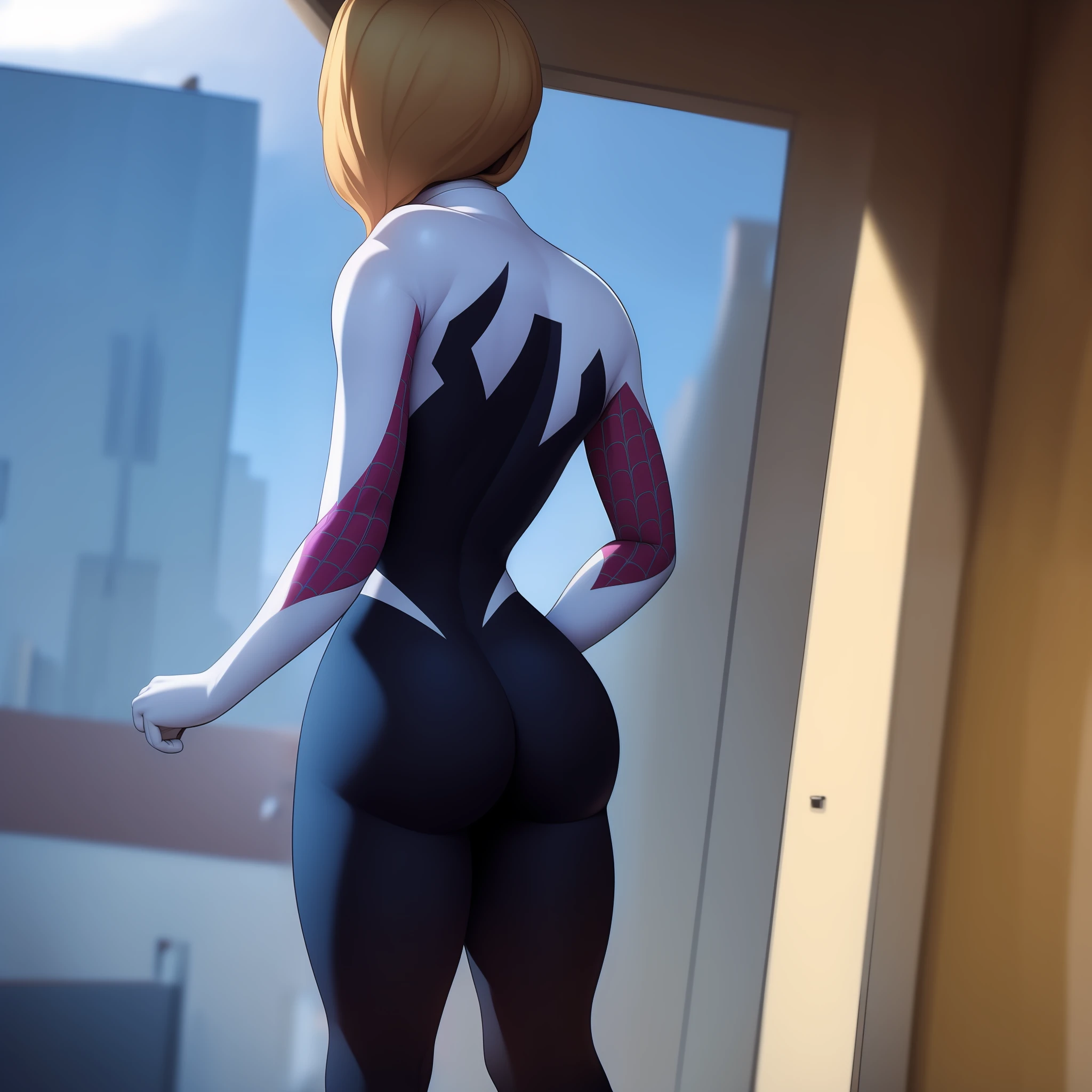 Gwen, girl, outside rooftop, supersuit, skin tight, blonde dyed hair, spider Gwen, butt tease, close up, standing upright, looking at her mirror