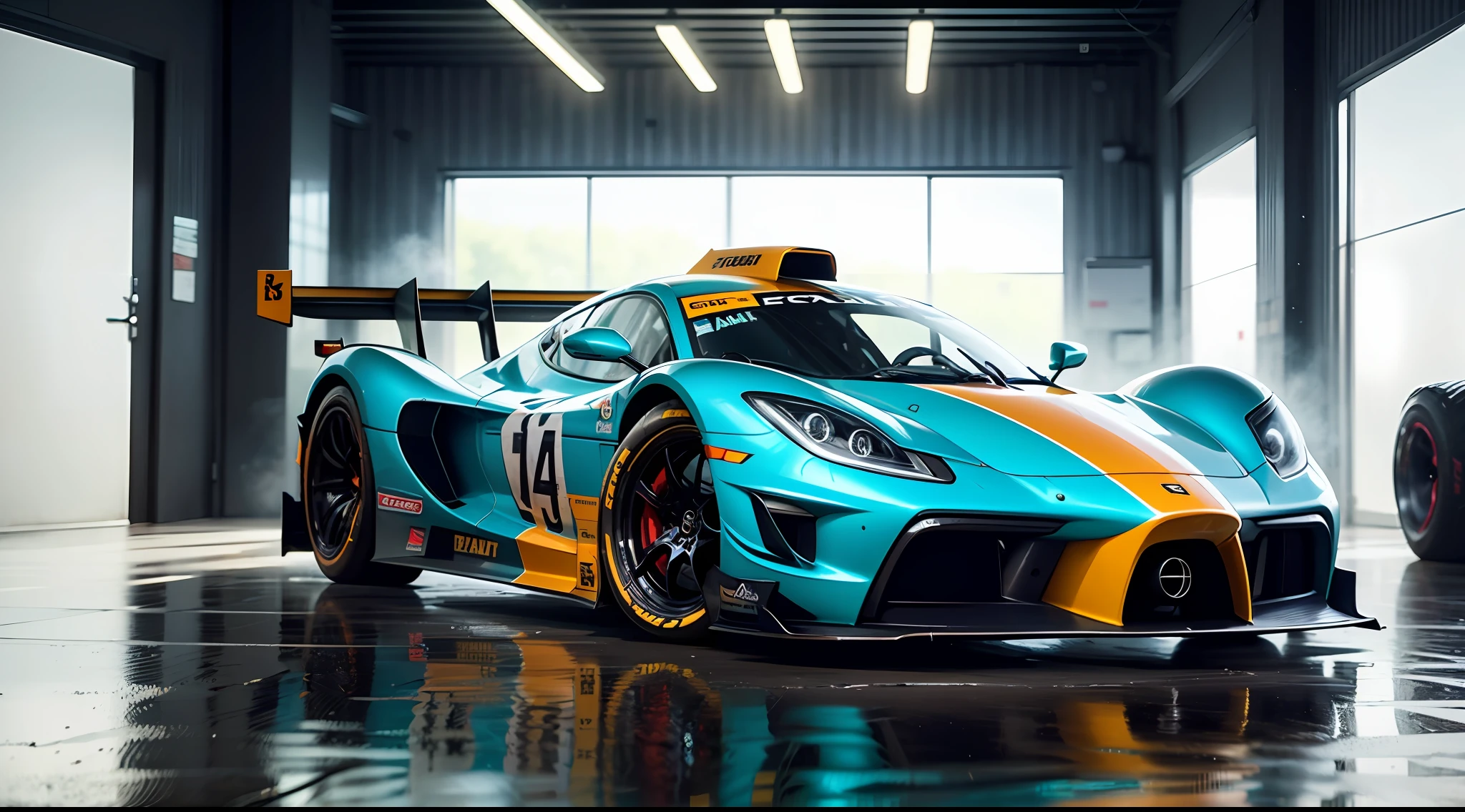 racing car being displayed in an exclusive showroom, cinematic lighting, dramatic, beautiful, realistic colors, reflections, event