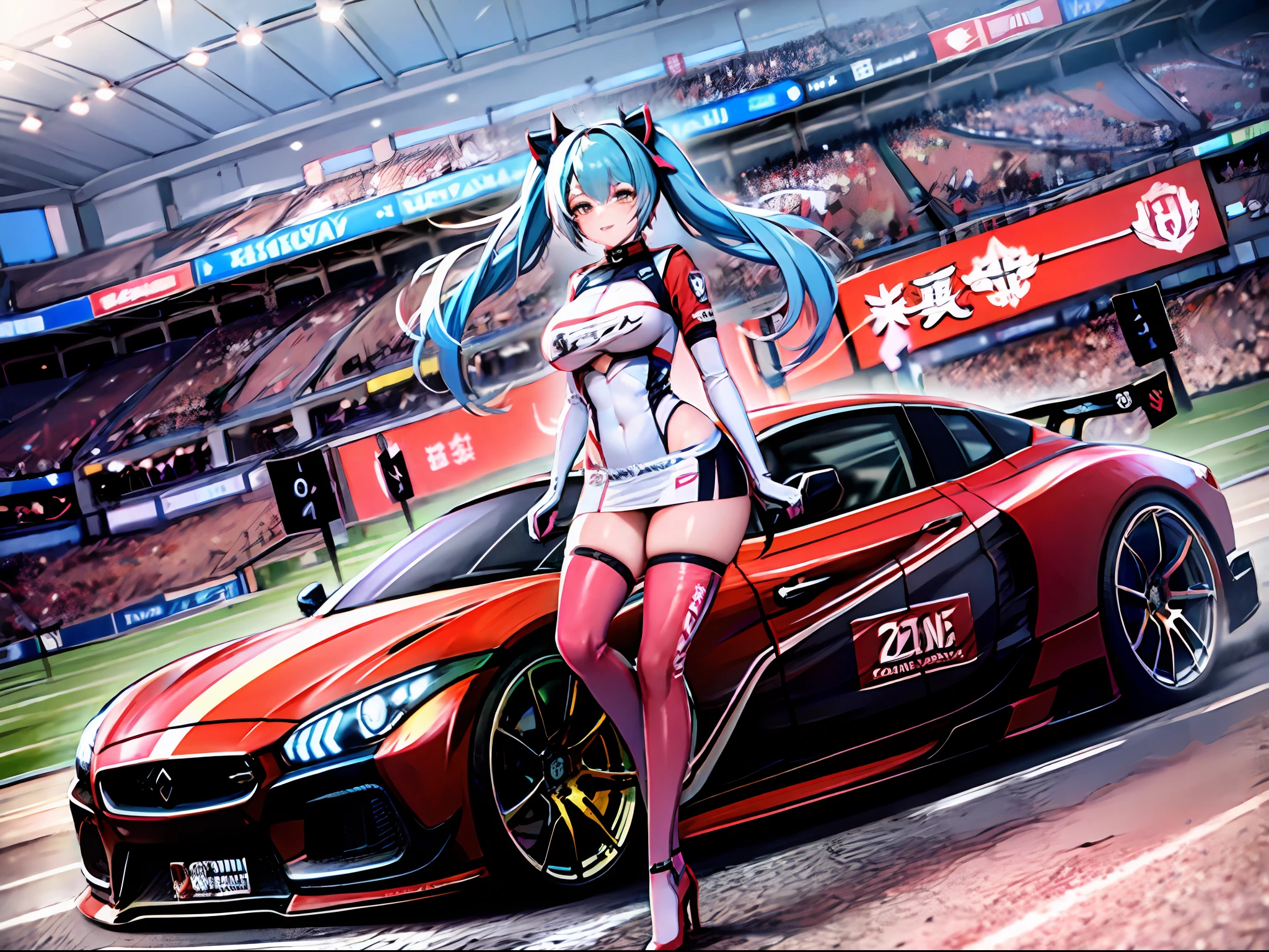 racing miku holding a big racing flag with checkerboard patter, car, racing car, esthetic, car girl, fullbody, racing pit, car racing, a beautiful highly detailed racing car in teal color behind her, stadium full of people buzzing, excitement, party, dynamic, cinematic, best lighting, best quality, masterpiece, car racer, miku, long pigtails,kcar66t, car