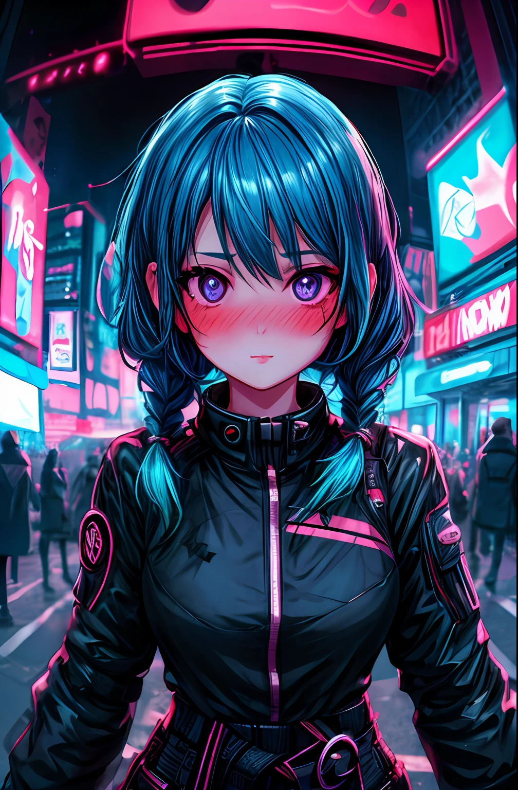 1girl,Creative hair,Rainbow Hair,City streets,fisheye,neon cold lighting, cyberpunk, blush, Waist Shot,Detailed face details,dynamic pose, rim lights,